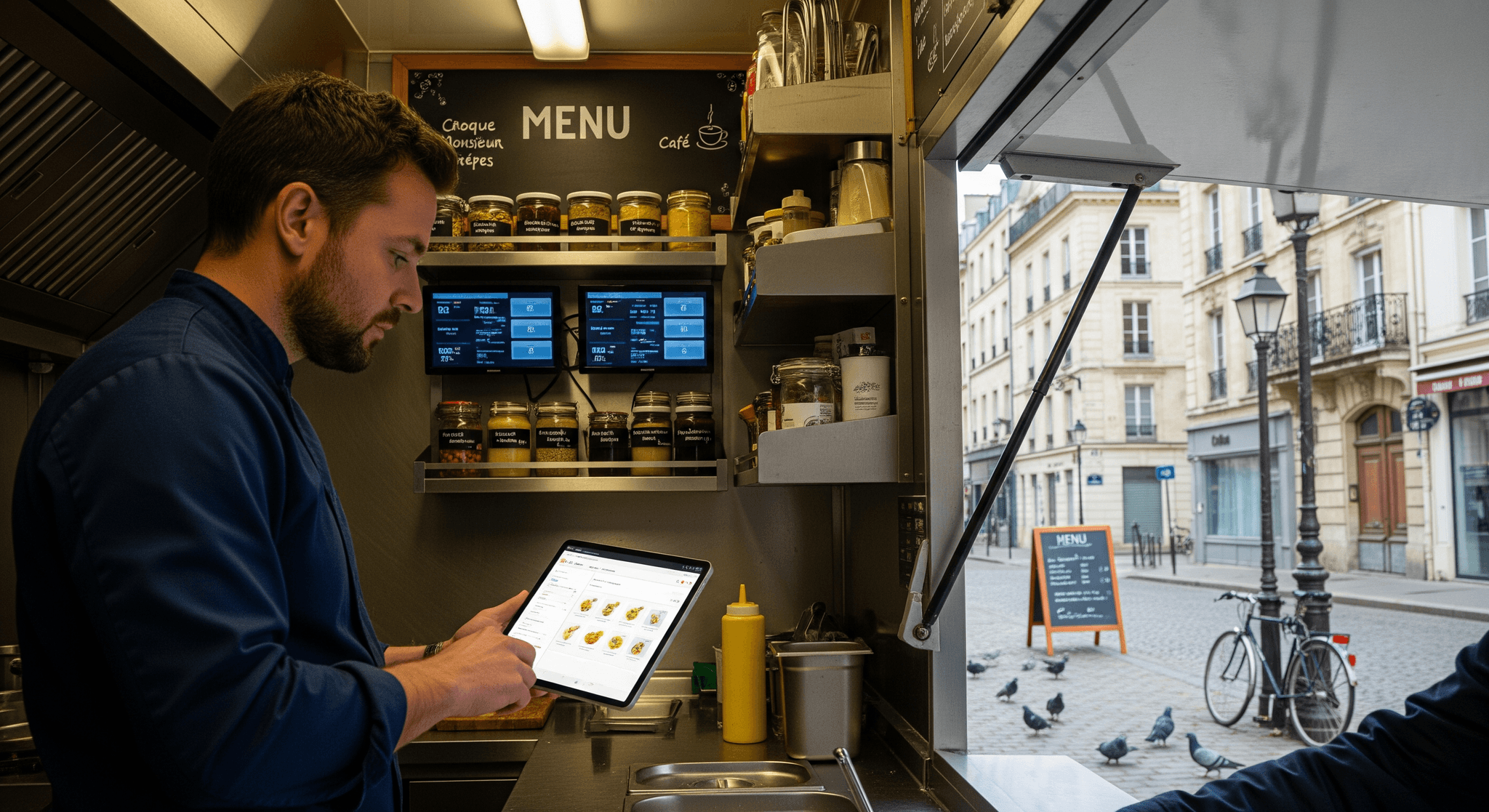 Opérateur de food truck gérant les stocks sur tablette dans une cuisine mobile professionnelle en inox, vue sur rue parisienne.