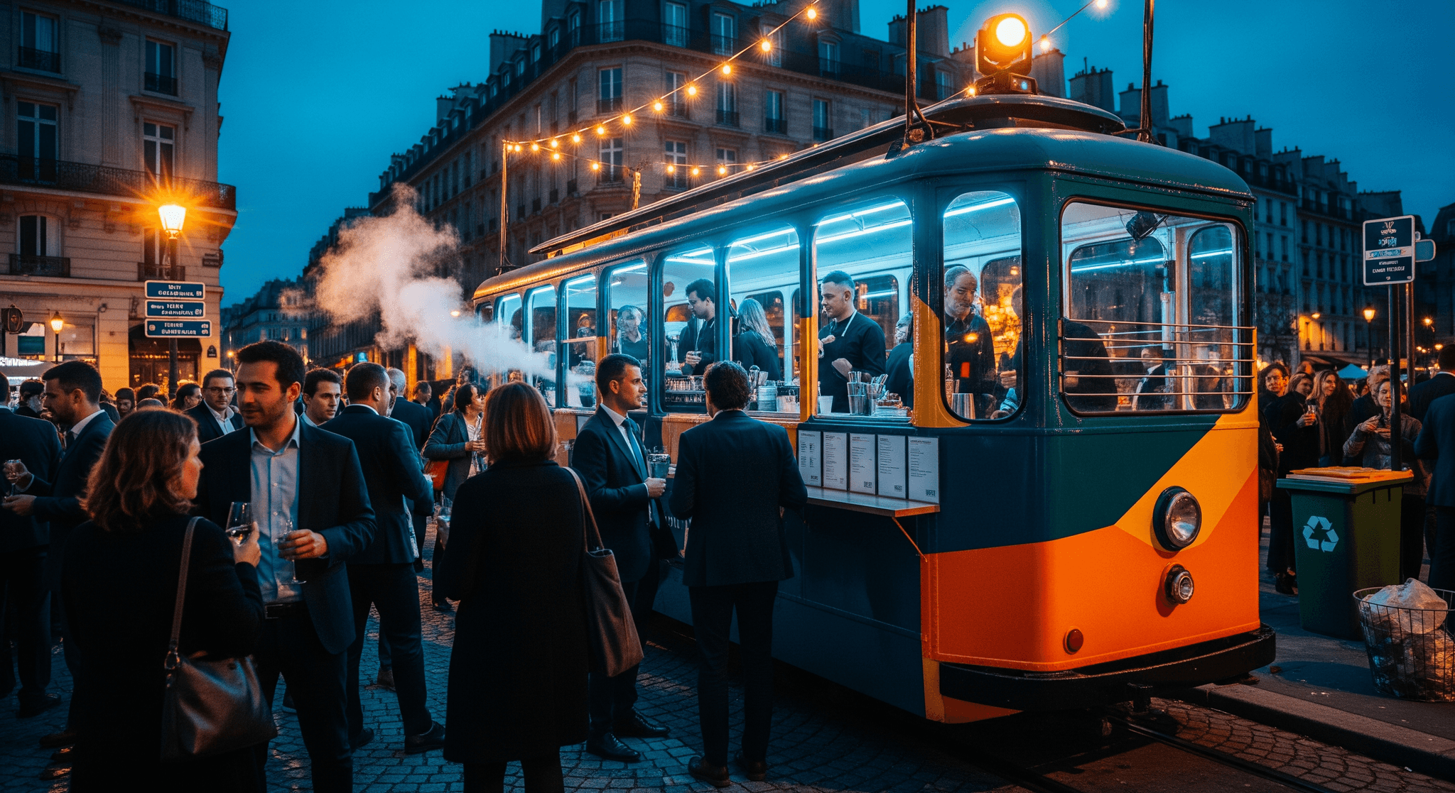 Tram aménagé en bar mobile lumineux pour événementiel urbain, service de restauration ambulante nocturne.