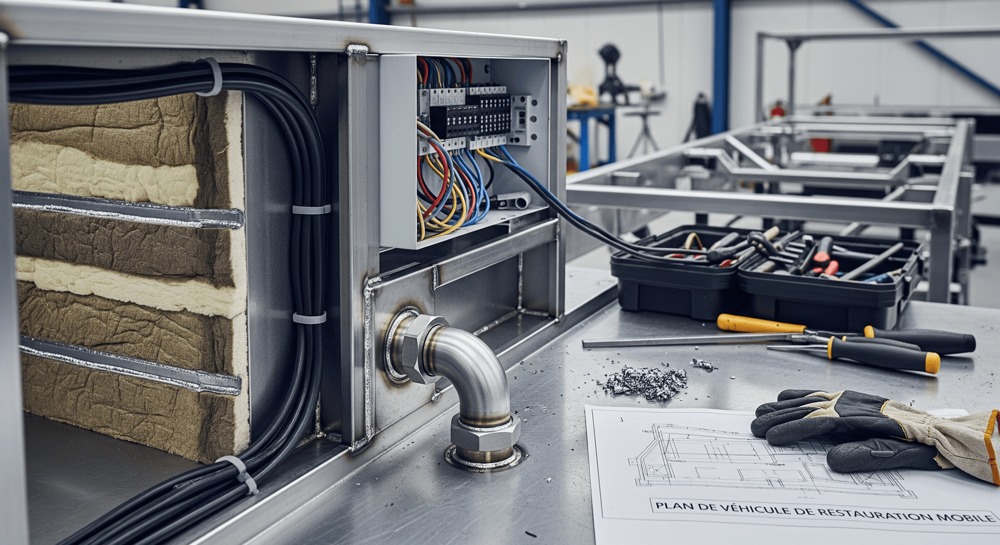 Câblage électrique, isolation thermique et tuyauterie inox pour l'aménagement professionnel d'un food truck.