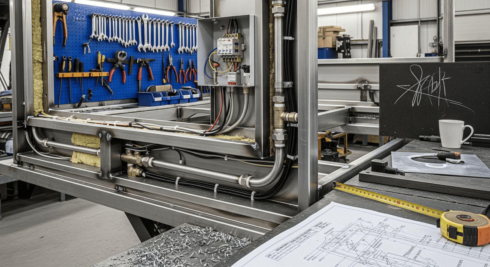Structure interne d'un food truck en fabrication, avec câblage électrique, tuyauterie et isolation thermique visibles.