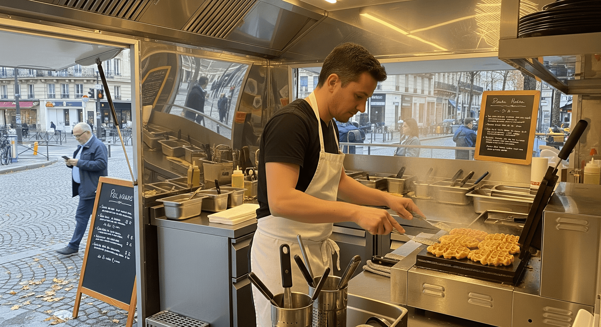 Aménagement food truck : chef préparant des gaufres sur machine professionnelle, cuisine inox.