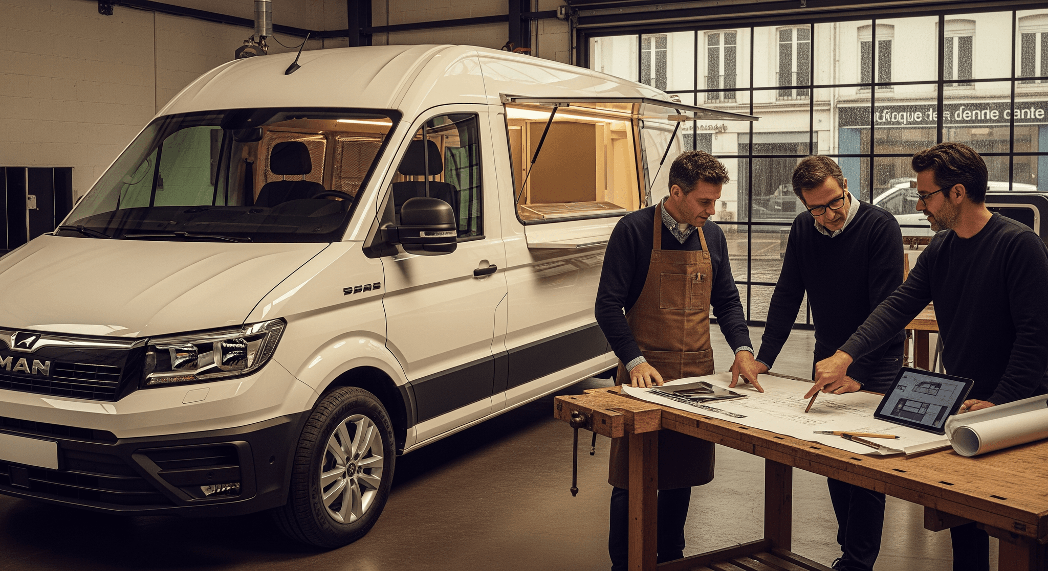 Food truck MAN TGE blanc avec guichet de vente ouvert, trois professionnels examinent des plans d'aménagement.
