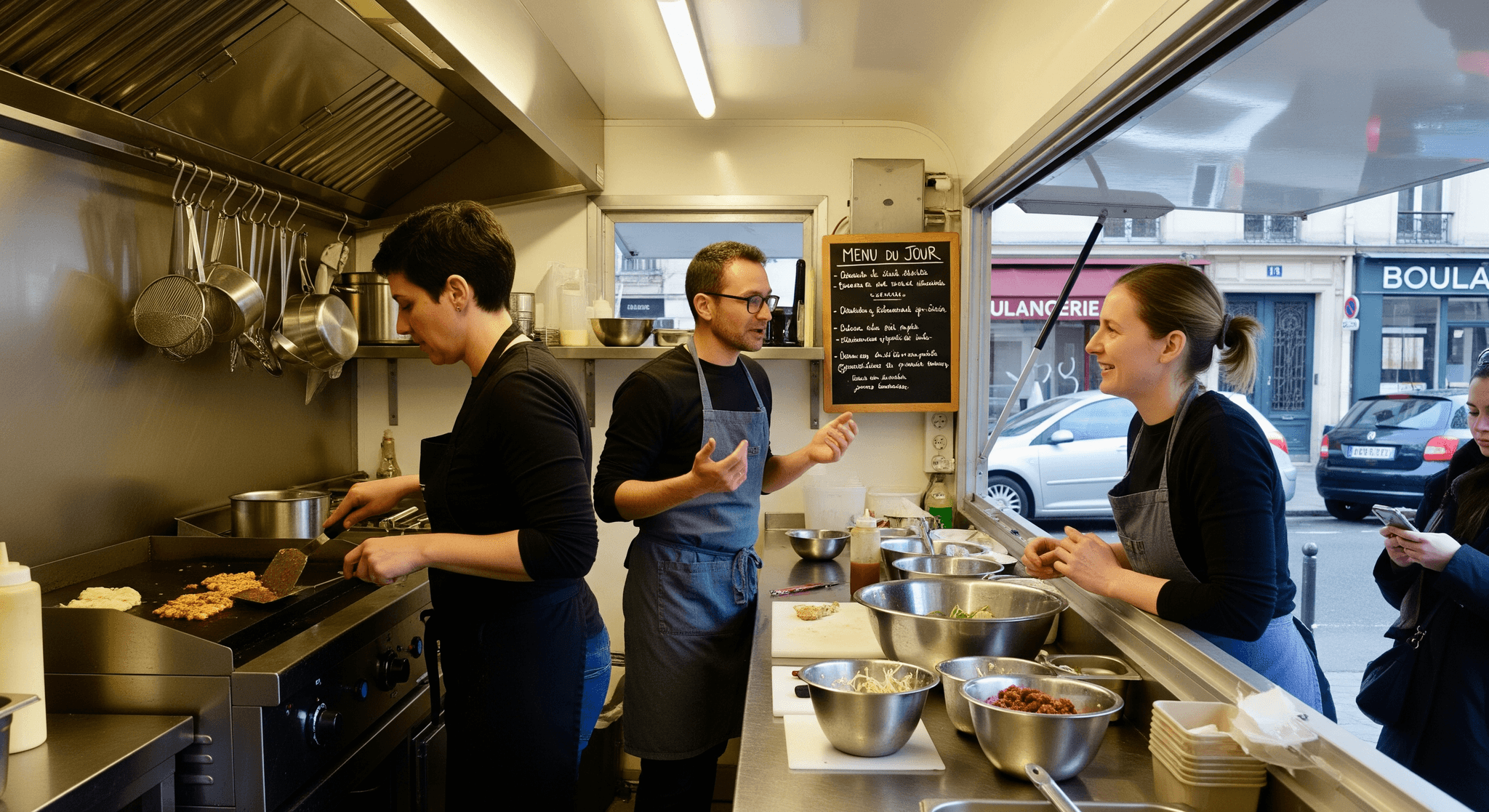 Trois cuisiniers professionnels en pleine activité dans un food truck Mon Camion Resto, équipés d'une plancha et hotte.