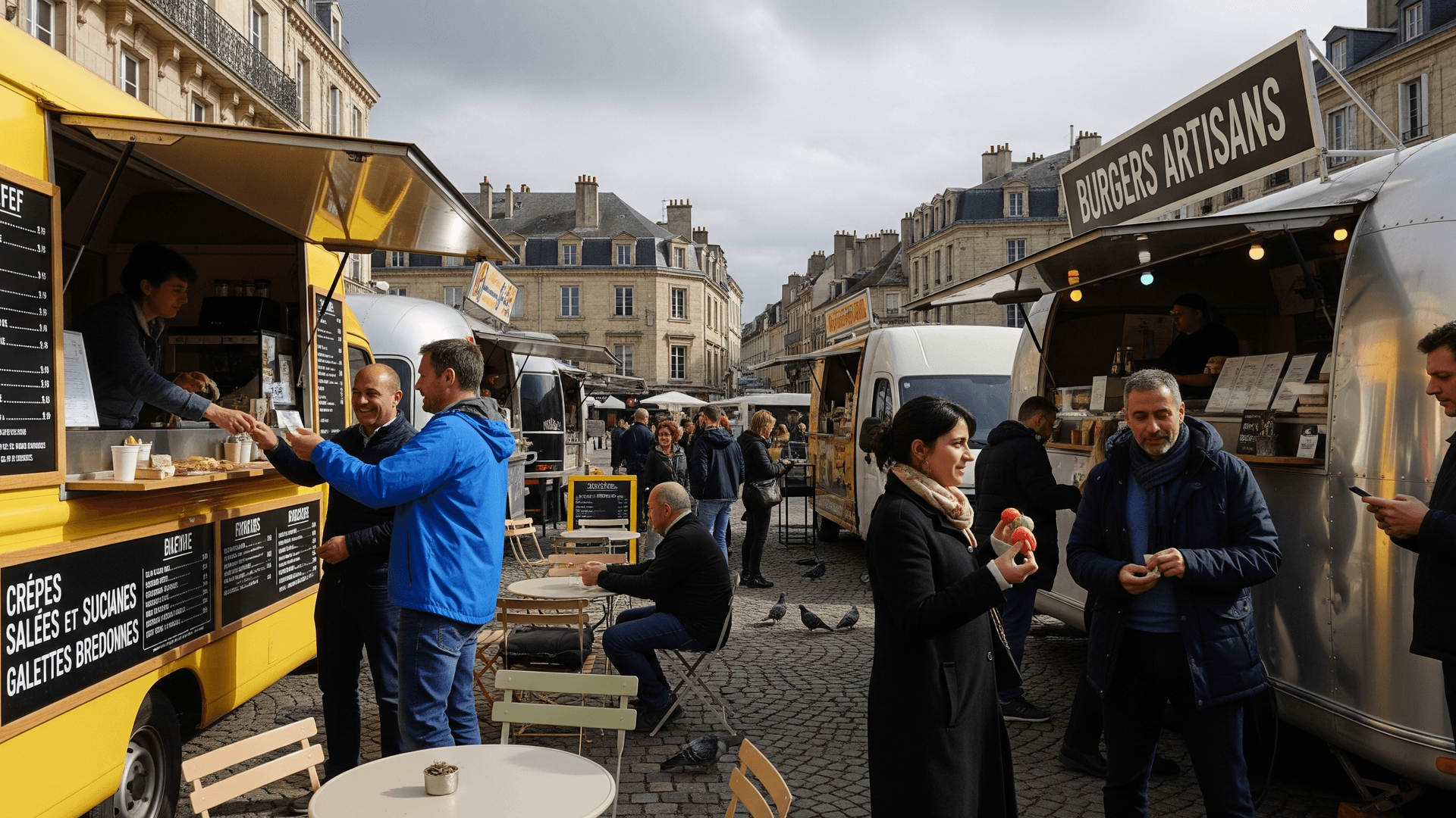 Marché urbain animé avec food truck jaune à crêpes et remorque design argentée "Burgers Artisans". Concepts mobiles de restauration.