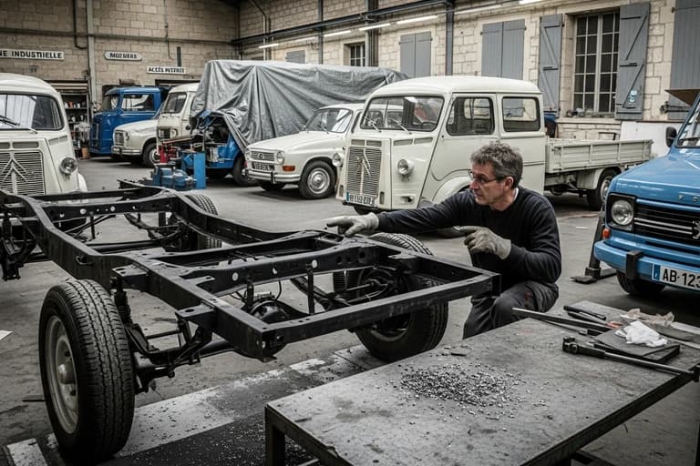 Mécanicien restaure châssis de camion vintage Citroën H dans atelier spécialisé food truck