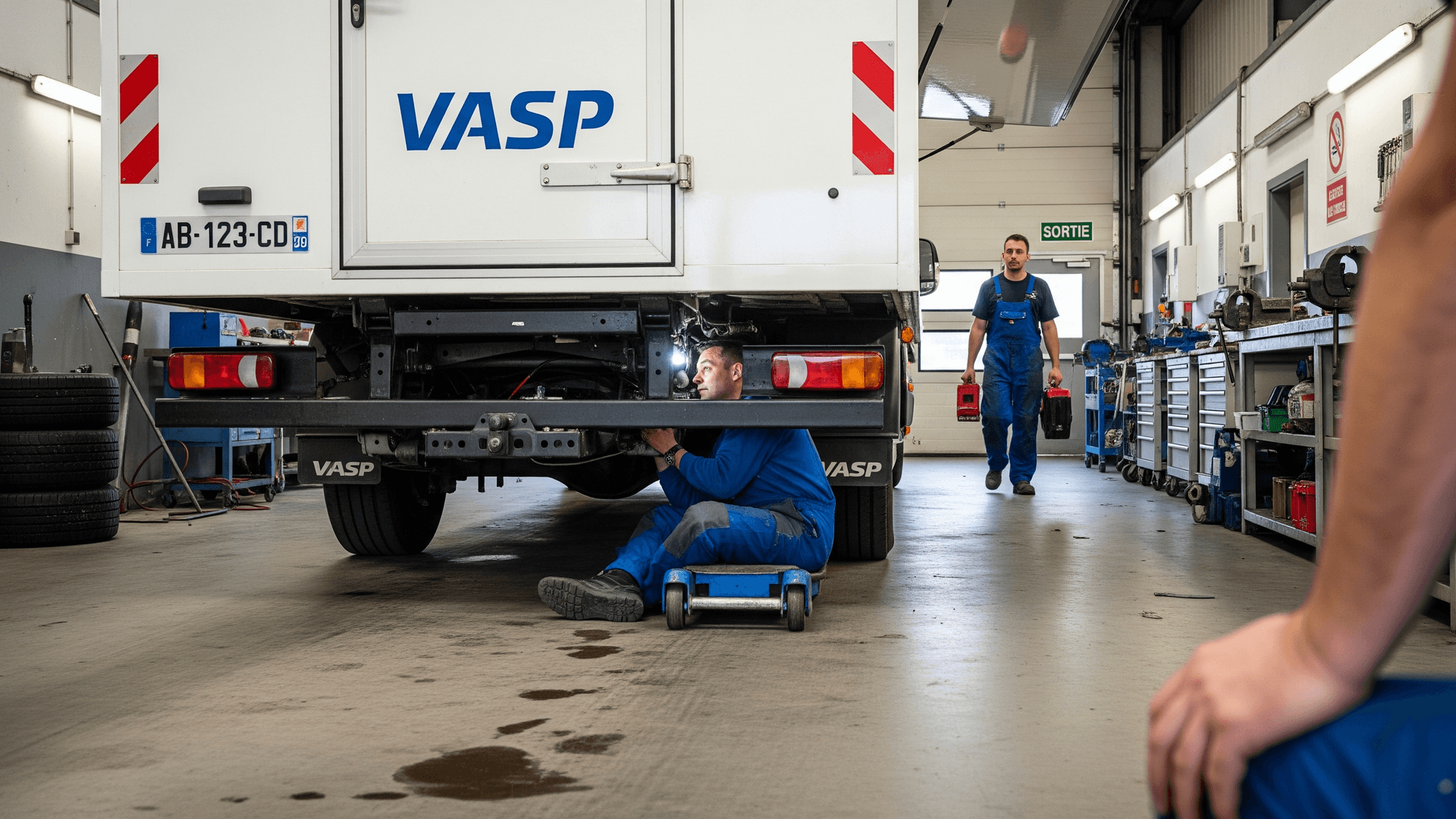 Mécanicien vérifiant le châssis d'un food truck VASP en atelier, préparation contrôle technique.