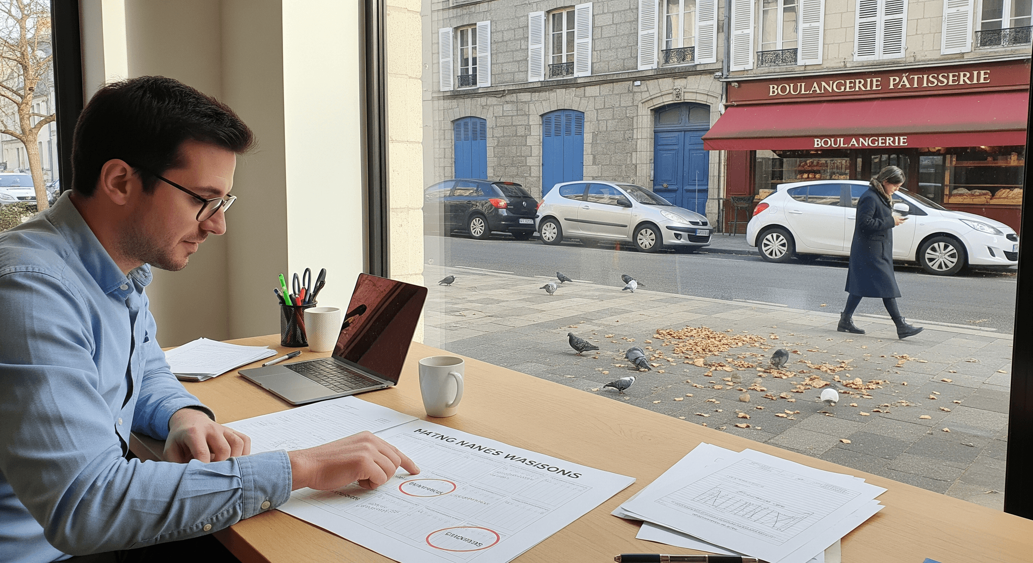 Homme analysant des documents de planification stratégique pour un projet de food truck, avec vue sur rue animée.