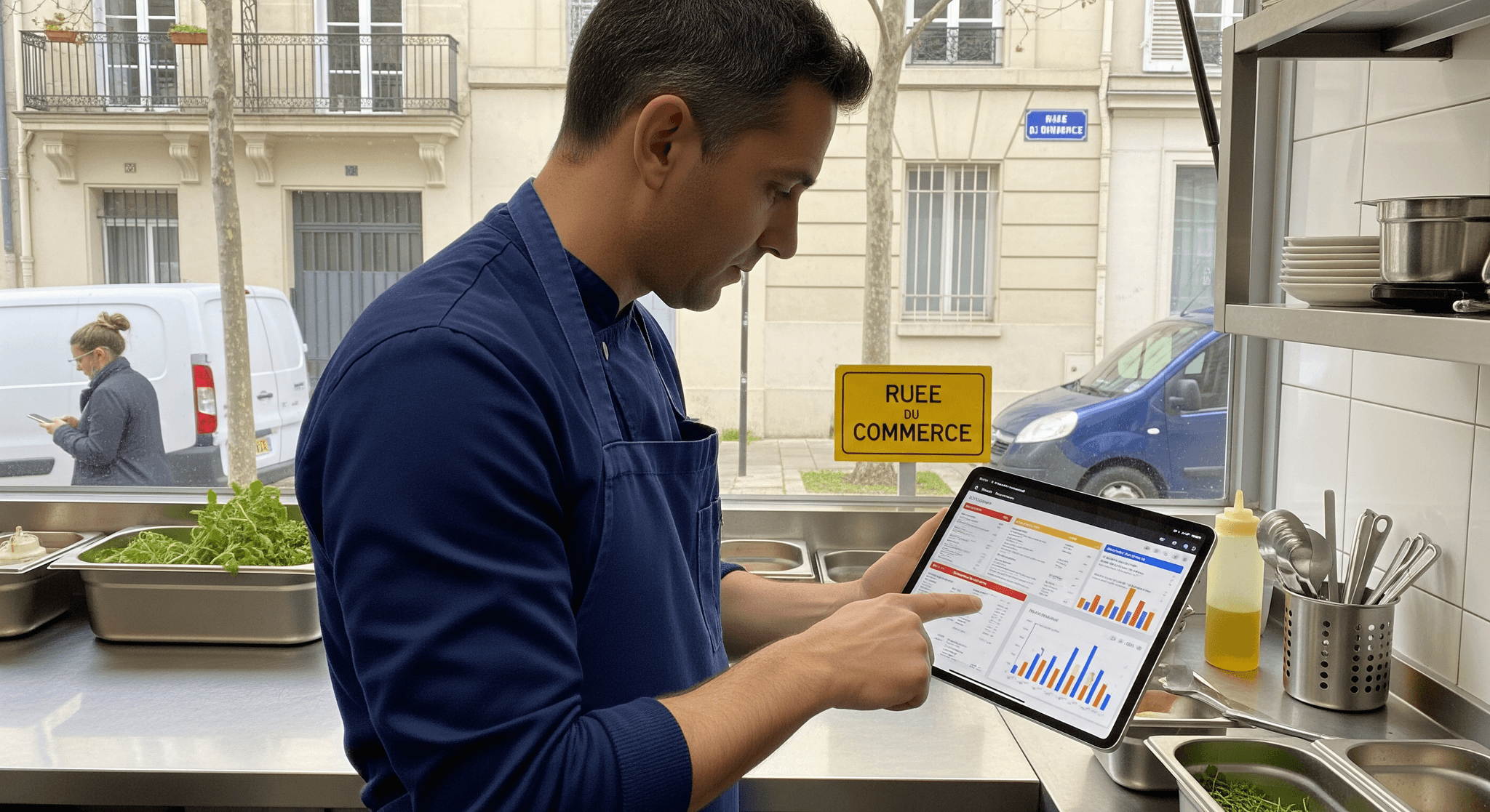 Chef en cuisine de food truck analysant des données de rentabilité sur tablette, devant un plan de travail inox avec bacs d'ingrédients frais.