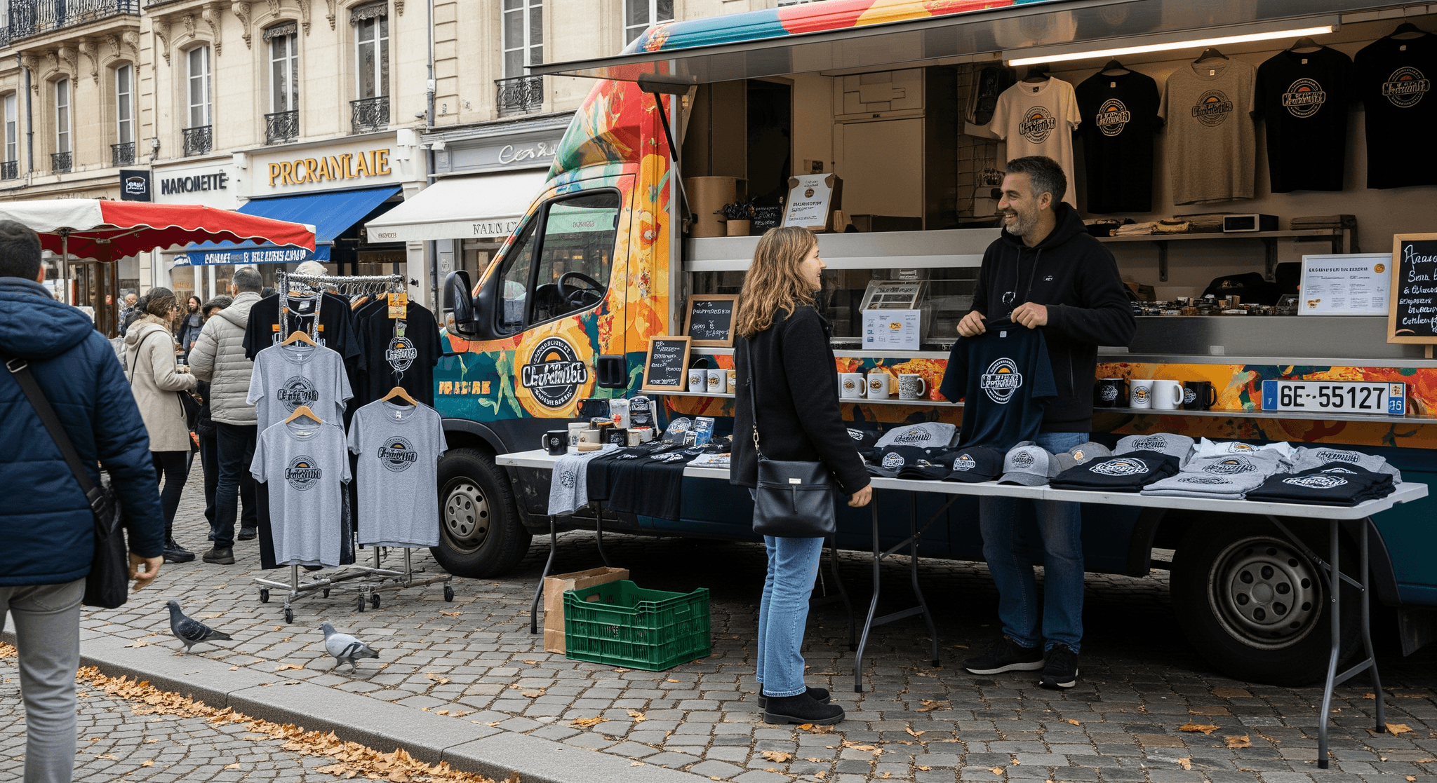 Food truck coloré Charabi aménagé en pop-up store, proposant t-shirts et casquettes en événementiel urbain.