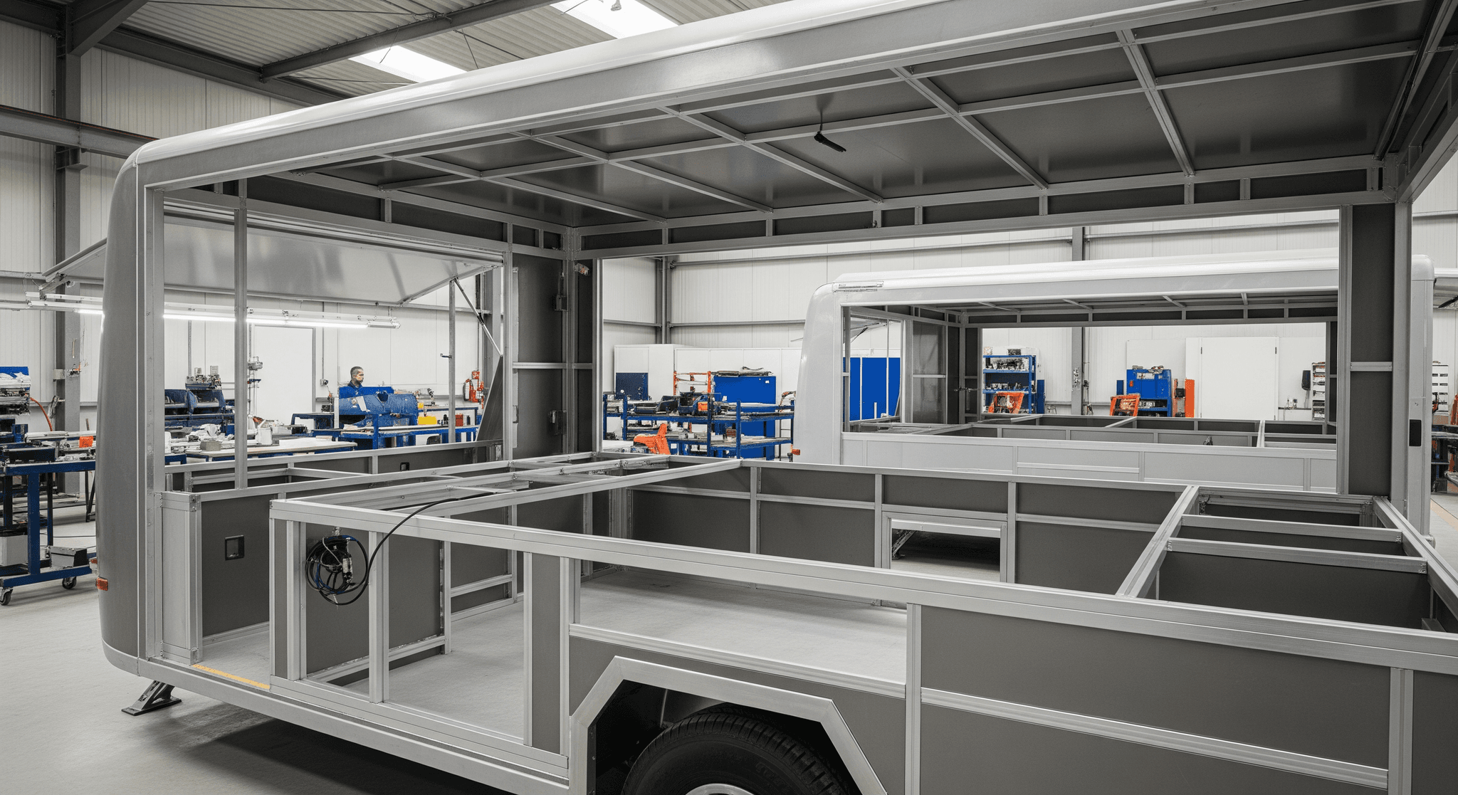 Structure aluminium d'une remorque food truck en cours de fabrication dans l'atelier MCR, avec aménagement intérieur visible.