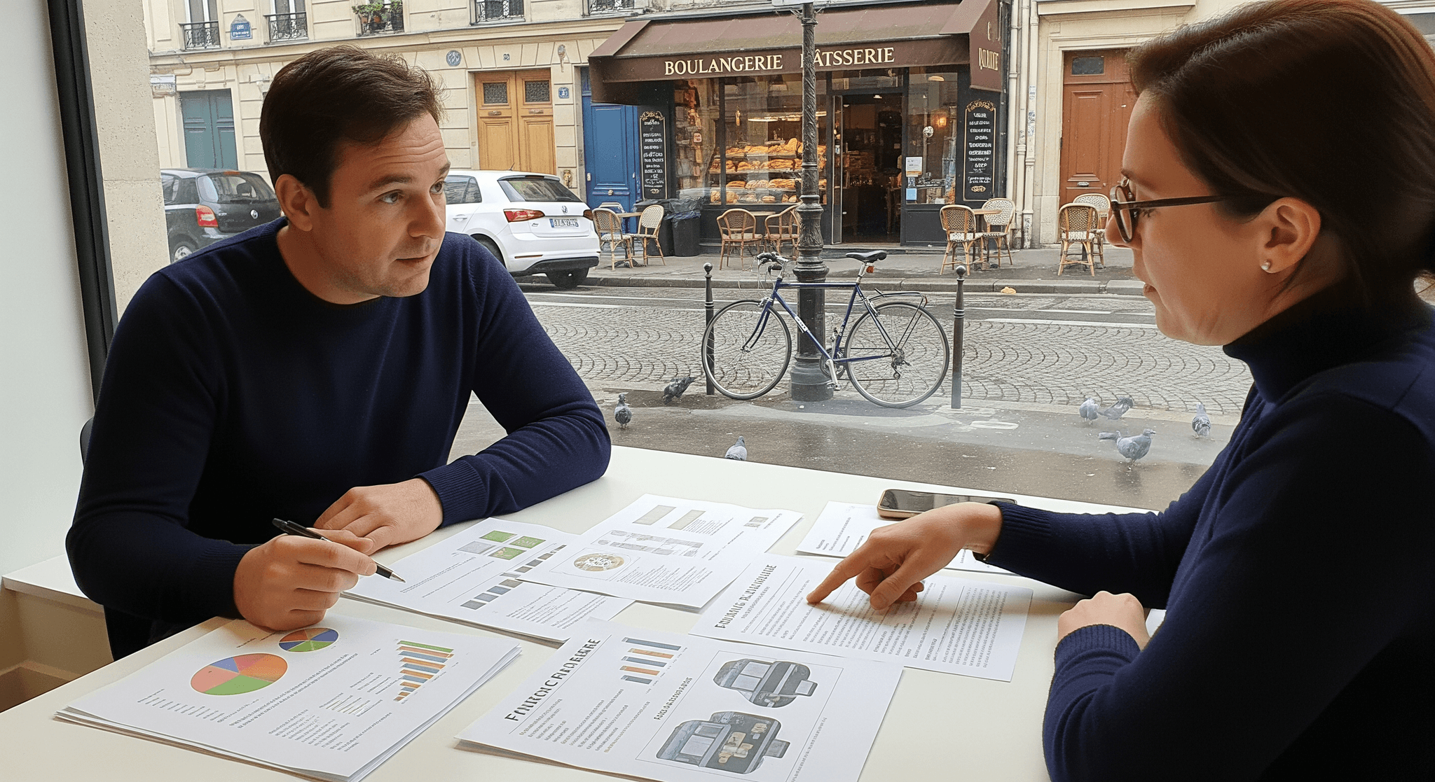 Porteurs de projet étudiant des plans de financement et d'agencement pour un futur concept de restauration mobile.
