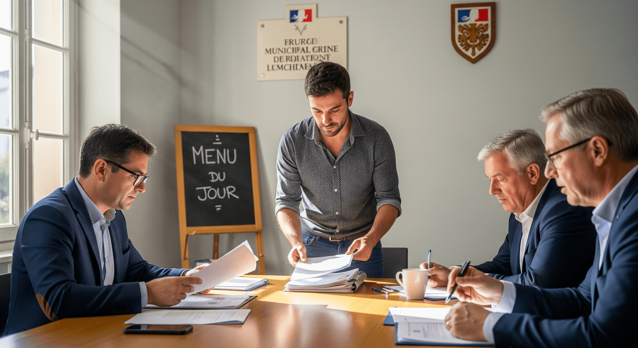 Négociation en mairie pour emplacement de food truck : quatre hommes examinent des dossiers. Symboles républicains.