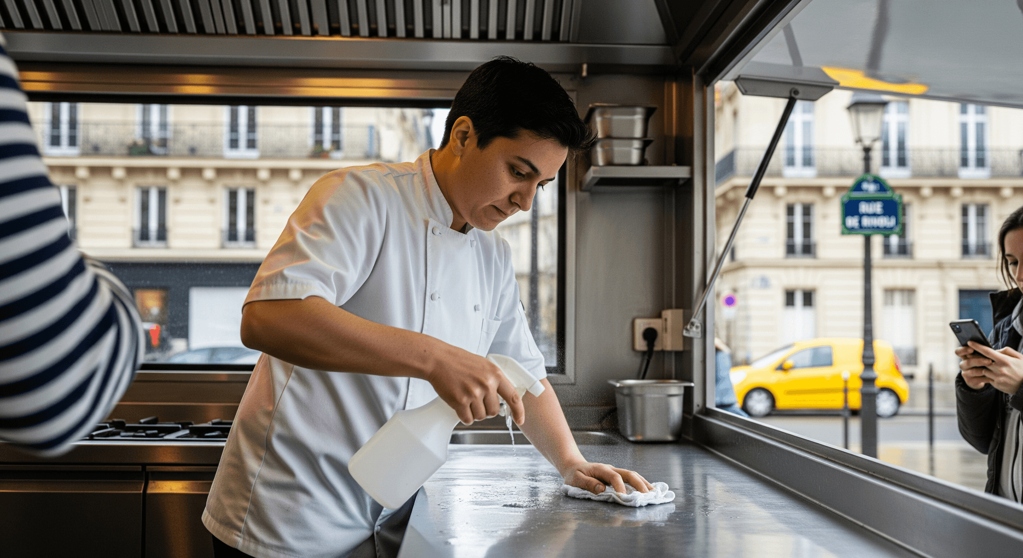 Chef nettoie la surface de travail en inox d'un food truck, appliquant un protocole d'hygiène essentiel en restauration mobile.