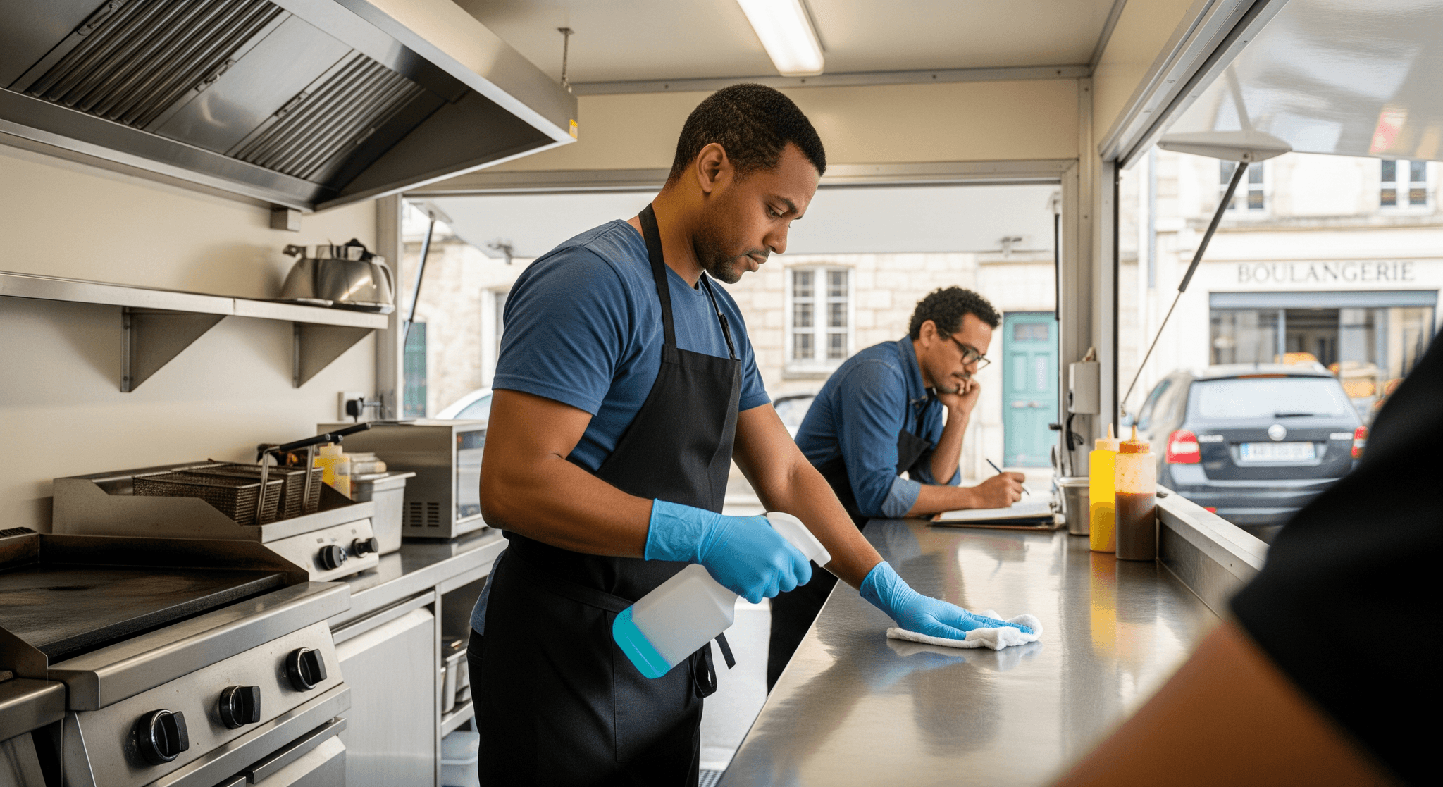 Professionnel nettoyant un plan de travail en inox dans la cuisine d'un food truck avec hotte et friteuse.