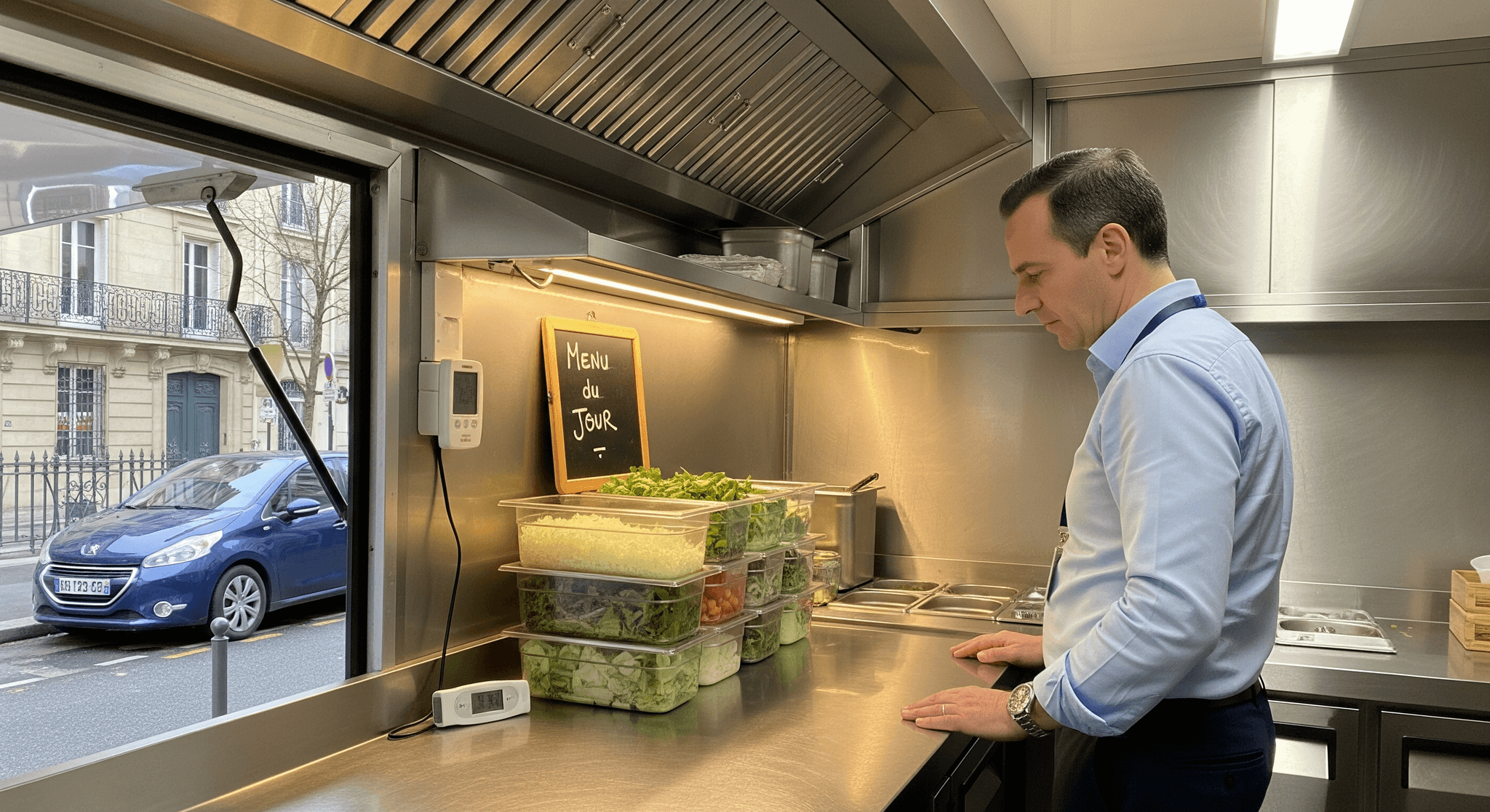 Chef dans un food truck MCR, cuisine inox professionnelle avec ingrédients frais préparés, hotte et thermomètres.
