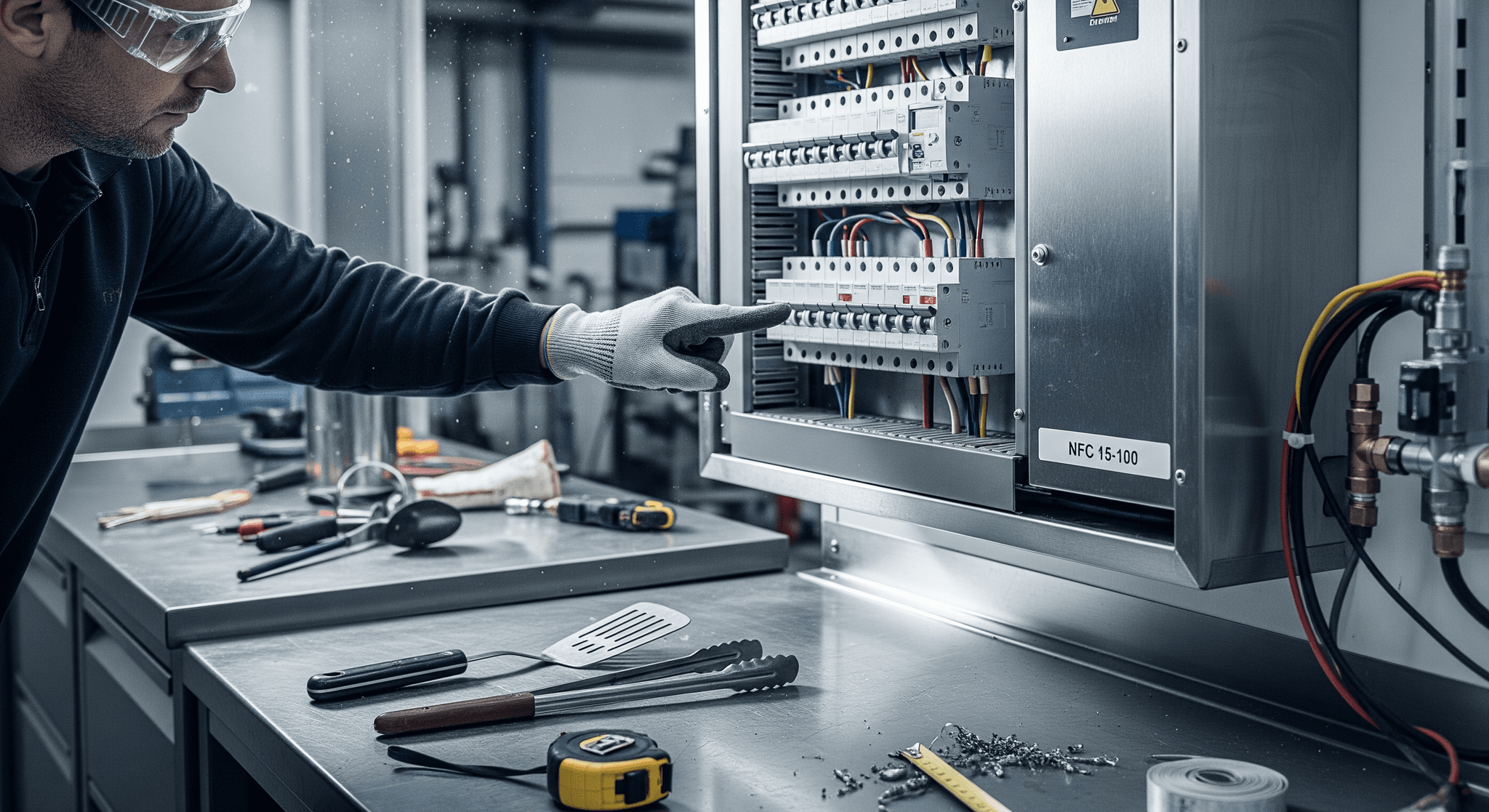 Technicien MCR vérifiant un tableau électrique certifié NFC 15-100 pour un food truck aménagé.