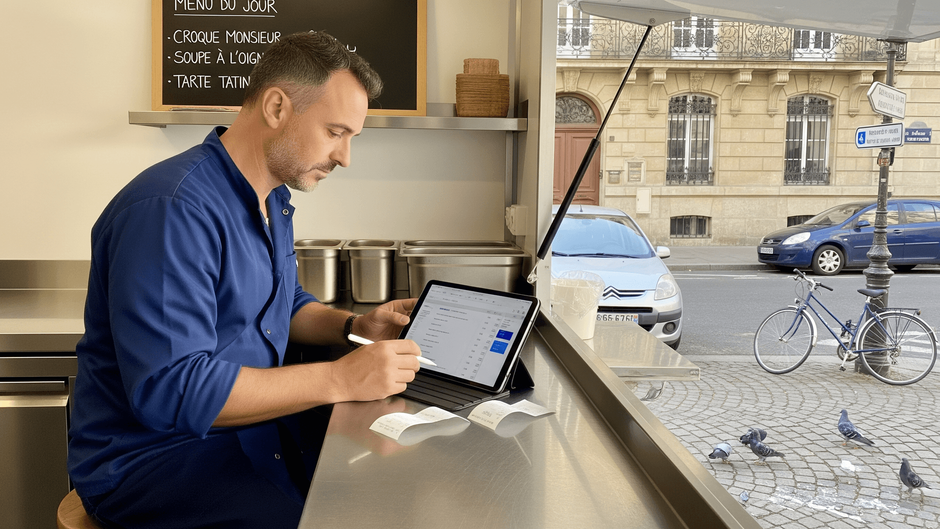 Opérateur de food truck moderne gérant les ventes sur tablette, entouré d'équipements inox professionnels et du menu du jour.
