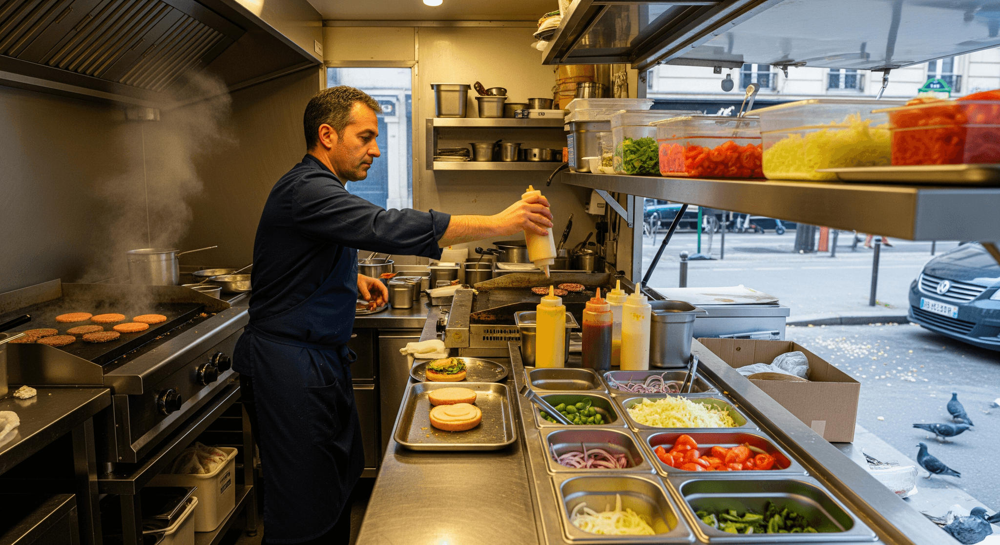 Cuisine de food truck professionnelle : chef assemblant un burger sur plancha, ligne d'ingrédients frais en inox.