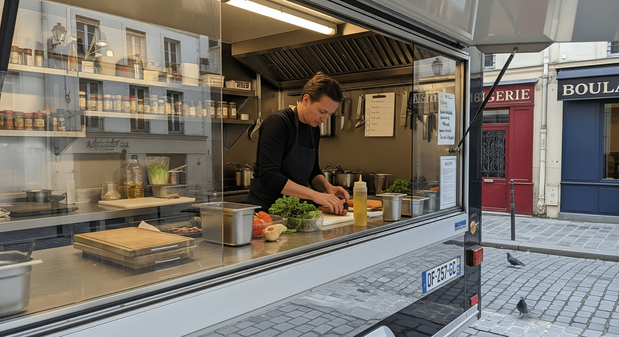 Chef prépare des ingrédients dans la cuisine professionnelle en inox d'une remorque aménagée pour la restauration ambulante.