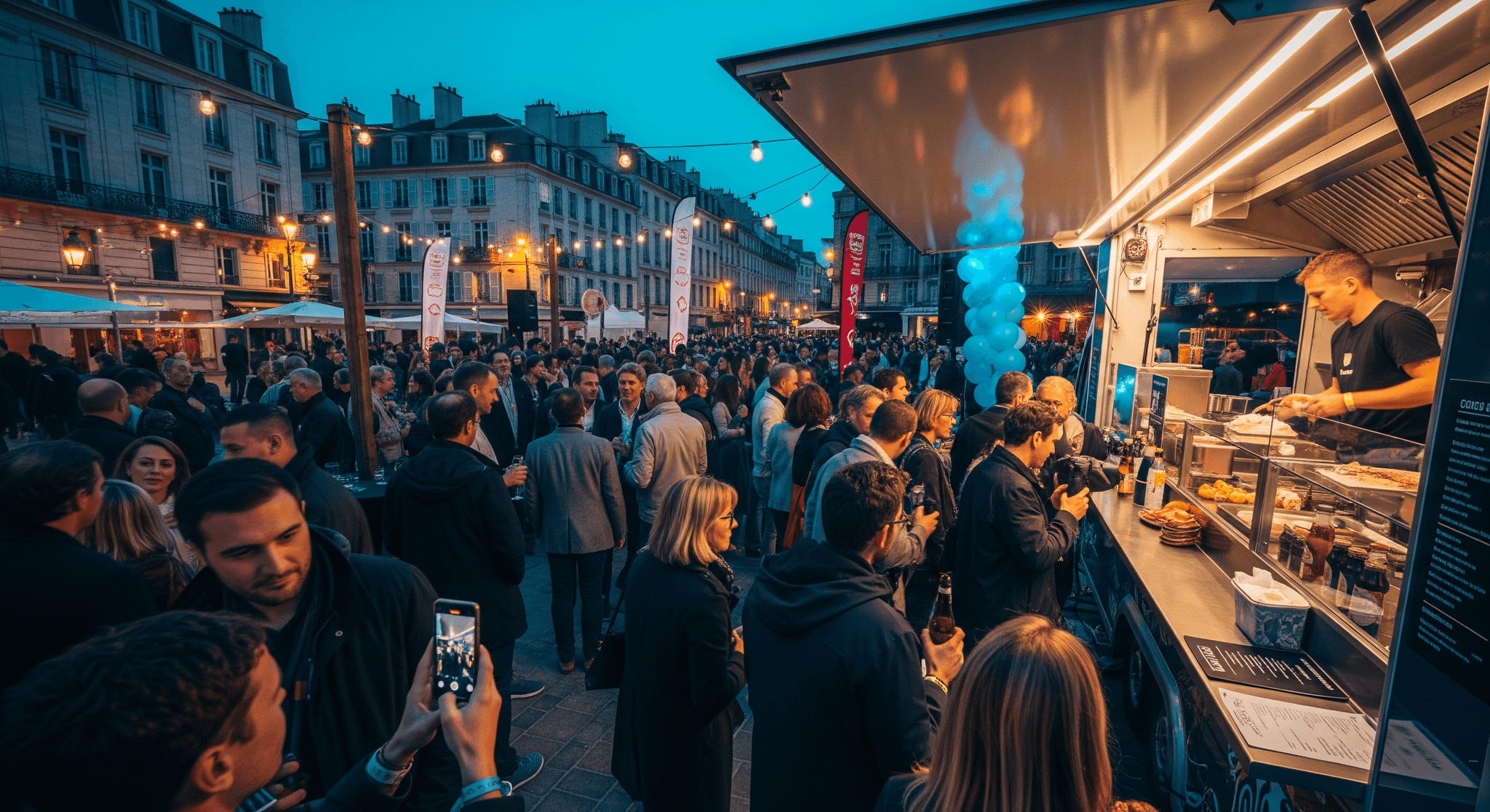 Food truck MCR moderne servant des plats chauds à une foule animée lors d'un événement de lancement en soirée, rue illuminée.