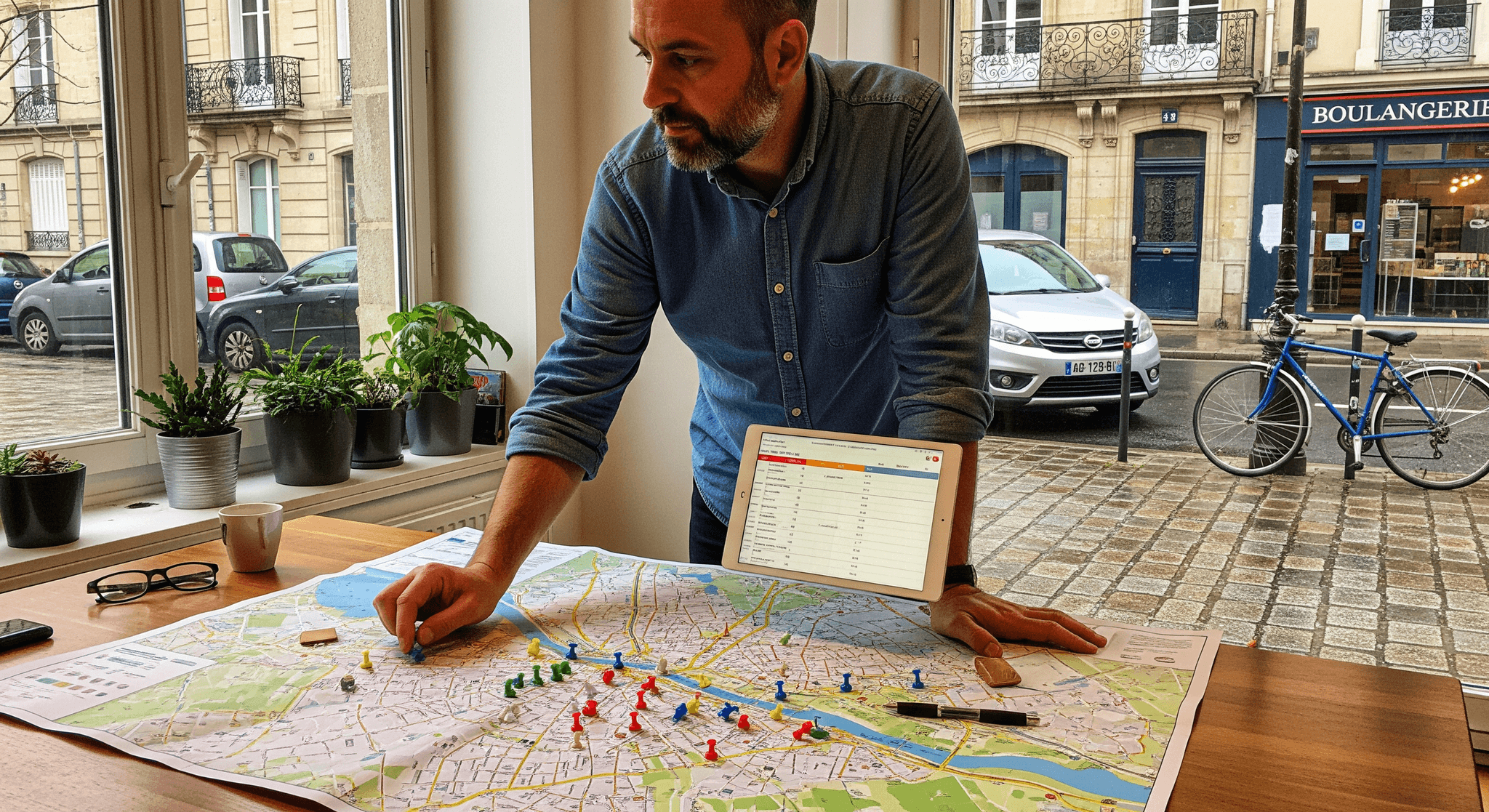 Homme consultant une carte urbaine et une tablette pour la planification d'emplacements de food trucks.