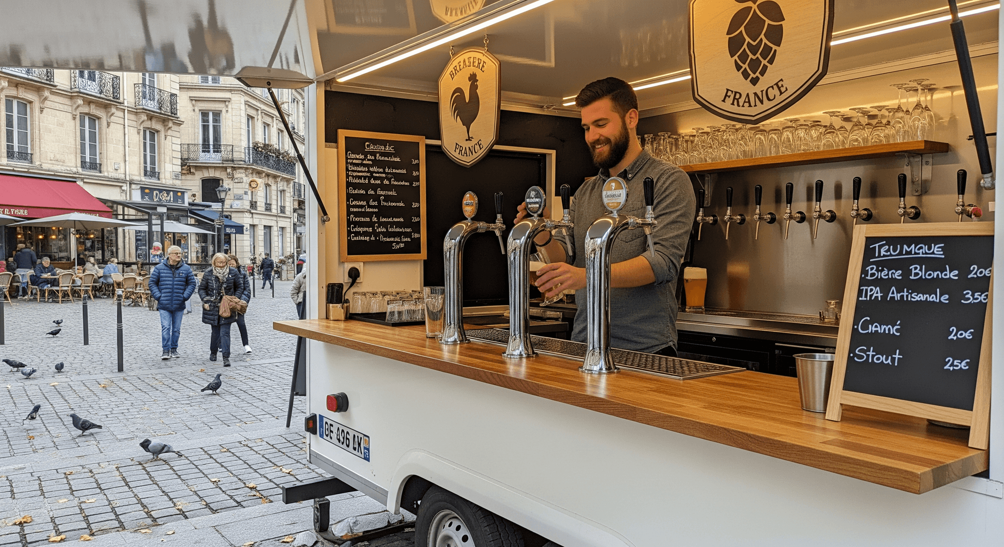 Concept mobile de bar à bières pression en remorque aménagée, comptoir bois et tireuses, en service en ville.