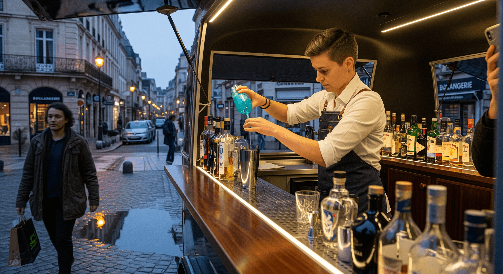 Bartender prépare cocktail dans un concept mobile bar, comptoir bois et éclairage LED, sur rue pavée en ville.