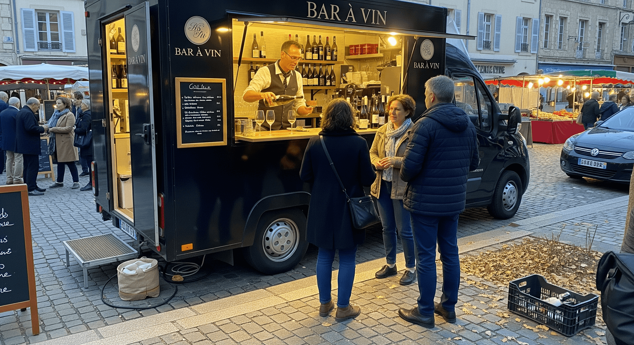 Food truck bar à vin noir Mon Camion Resto avec serveur versant du vin à des clients sur un marché événementiel animé.