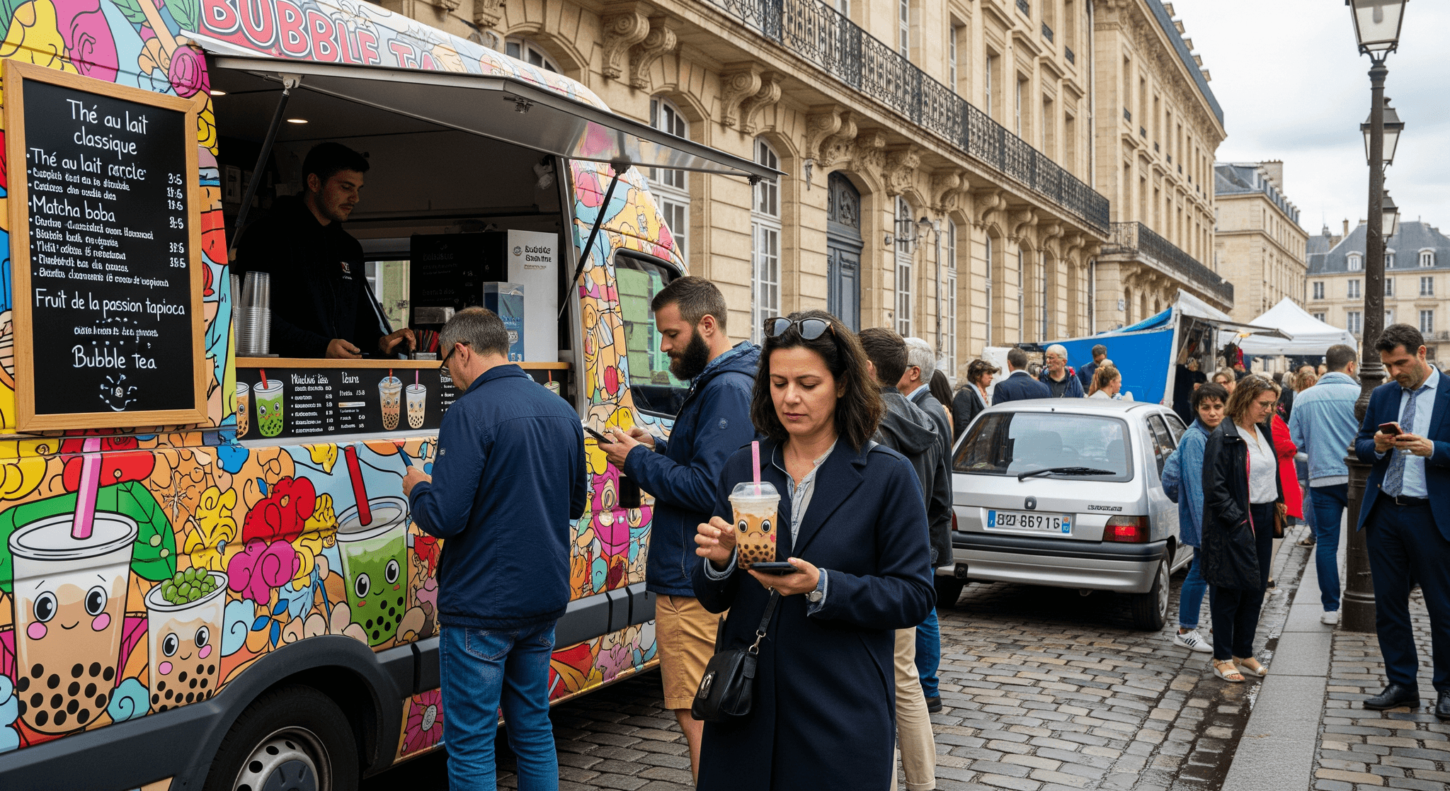 Fourgon food truck bubble tea aux motifs vifs, servant des boissons tendance à des clients en centre-ville.