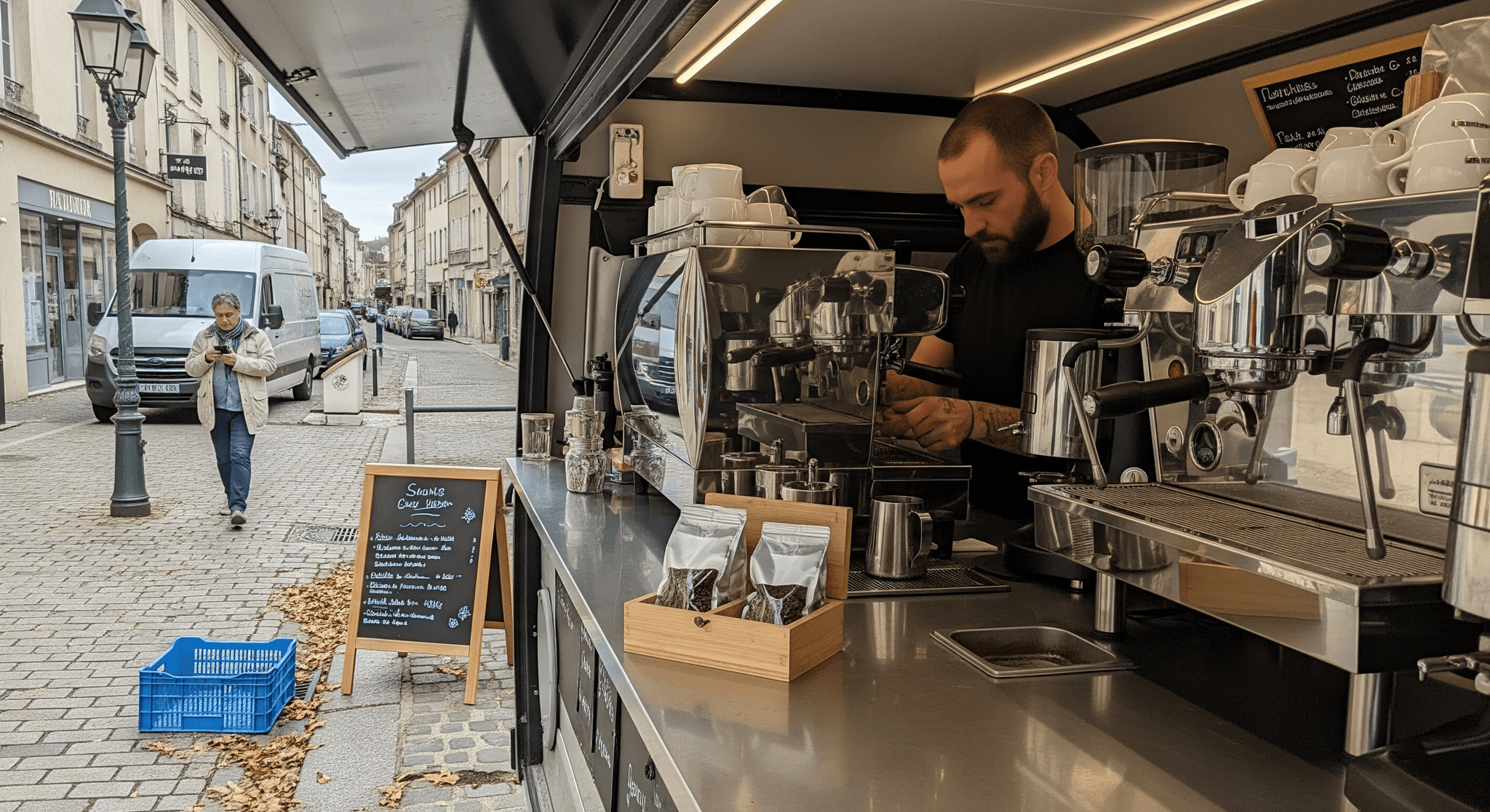 Barista prépare un café dans un food truck bar à café mobile avec équipement professionnel, machine expresso visible, sur rue pavée.