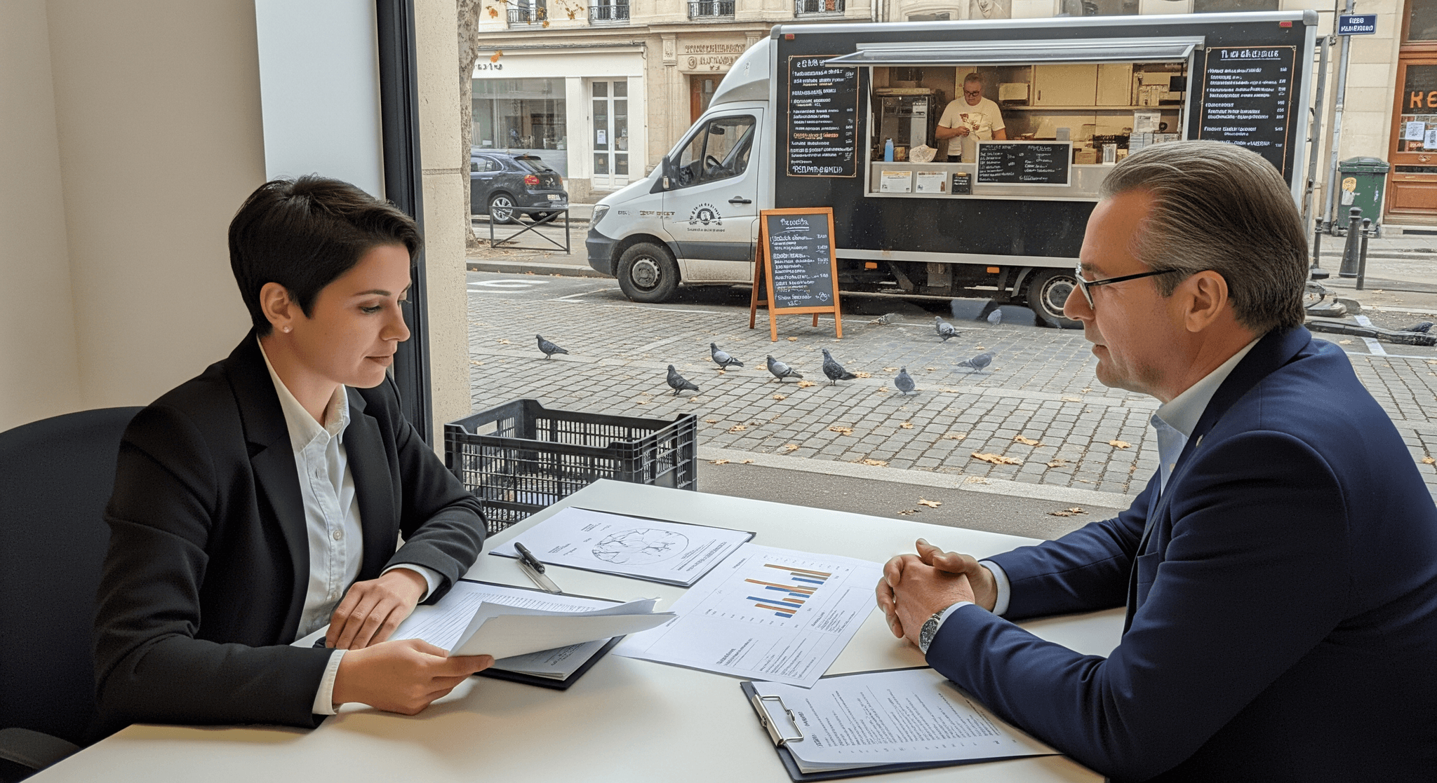 Entrepreneurs en discussion autour d'un projet, avec un food truck blanc aménagé visible en arrière-plan urbain.