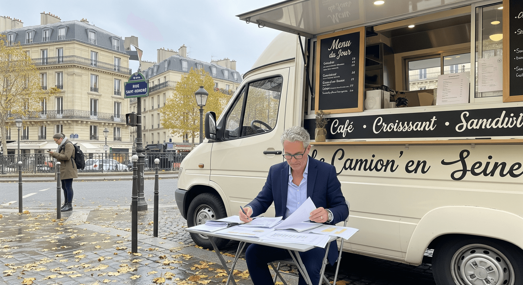 Entrepreneur lisant des documents devant son food truck van "Camion en Seine" à Paris, Rue Saint-Honoré.