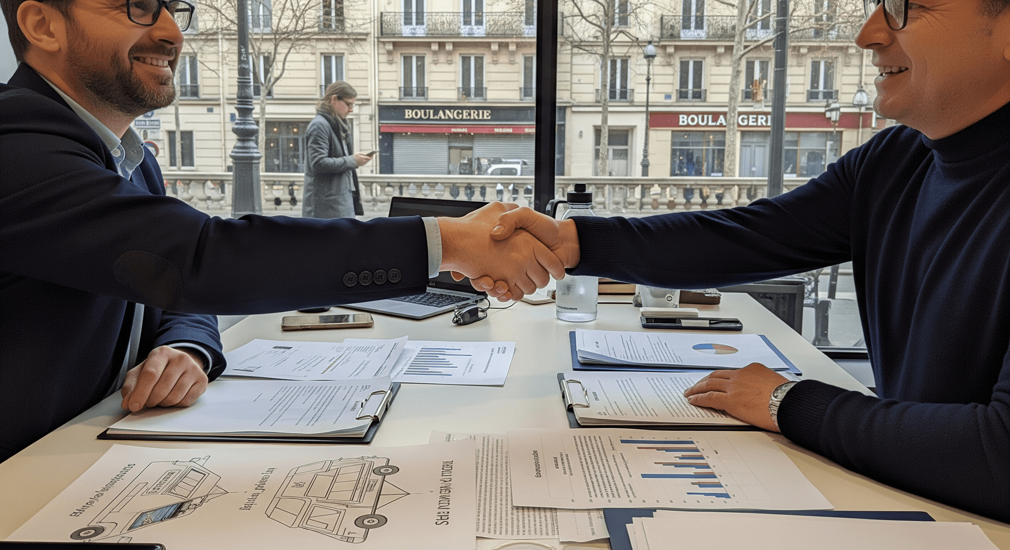Deux associés souriants scellent un accord commercial devant des plans de remorque food truck et des documents de projet.