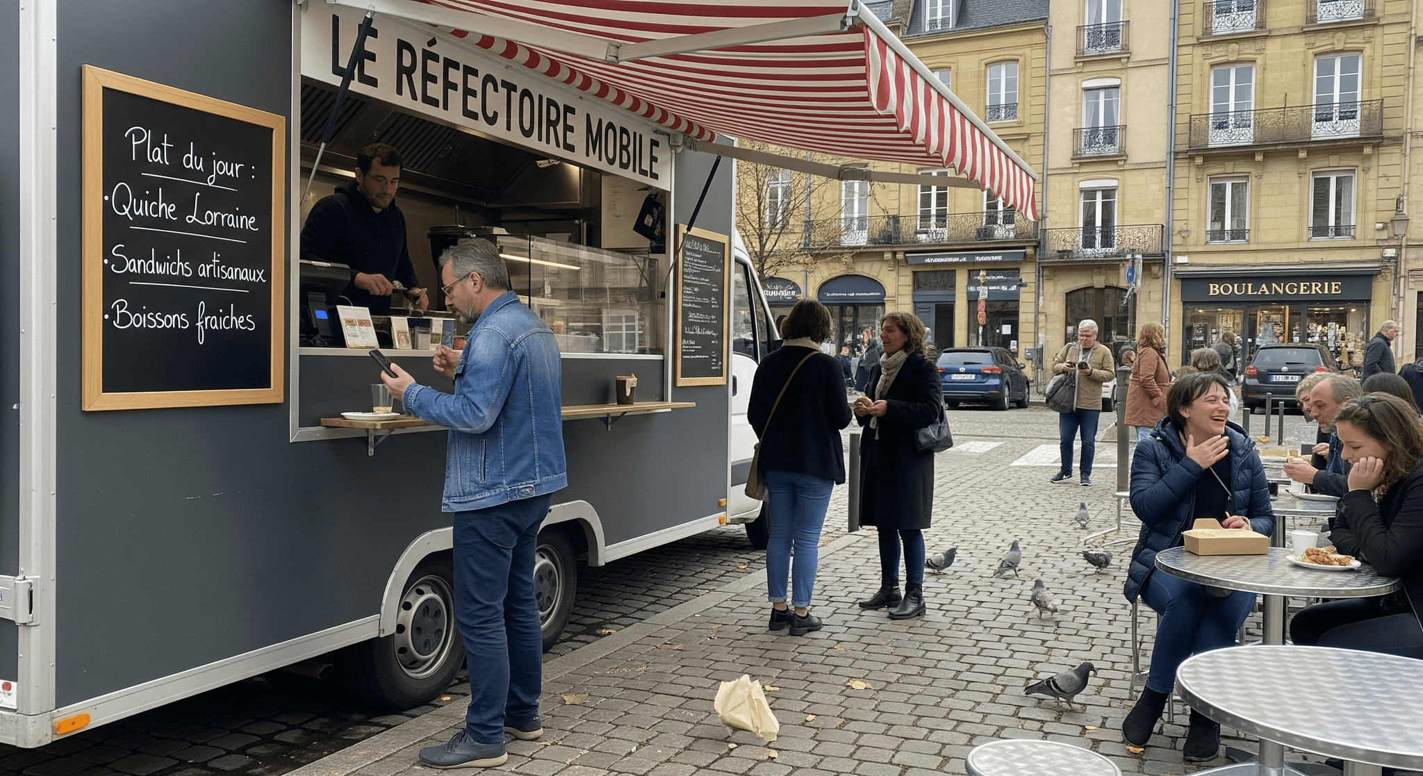 Food truck gris Le Réfectoire Mobile, aménagement cuisine, servant quiche lorraine et sandwichs artisanaux en ville.