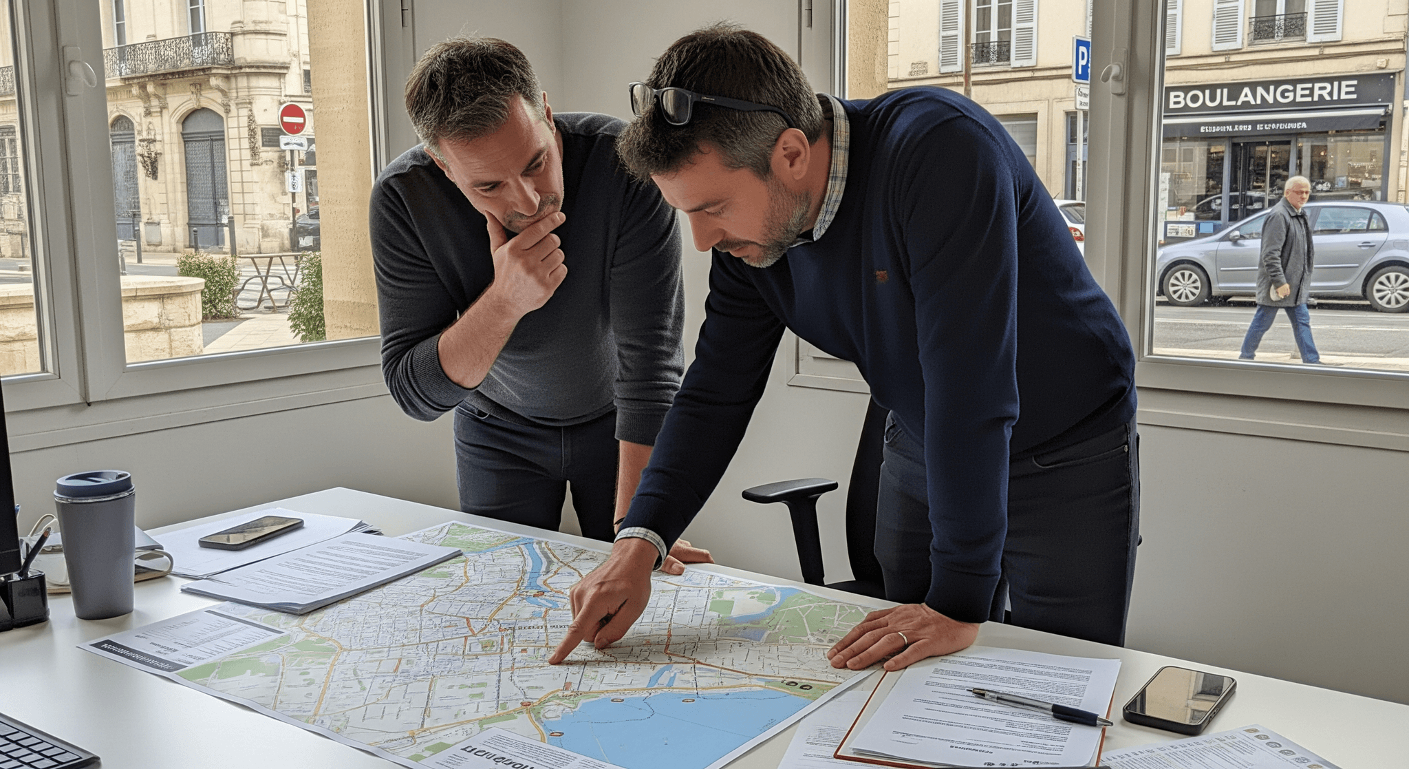Deux experts analysent une carte de Montpellier pour identifier des emplacements stratégiques de food truck ou concept mobile.