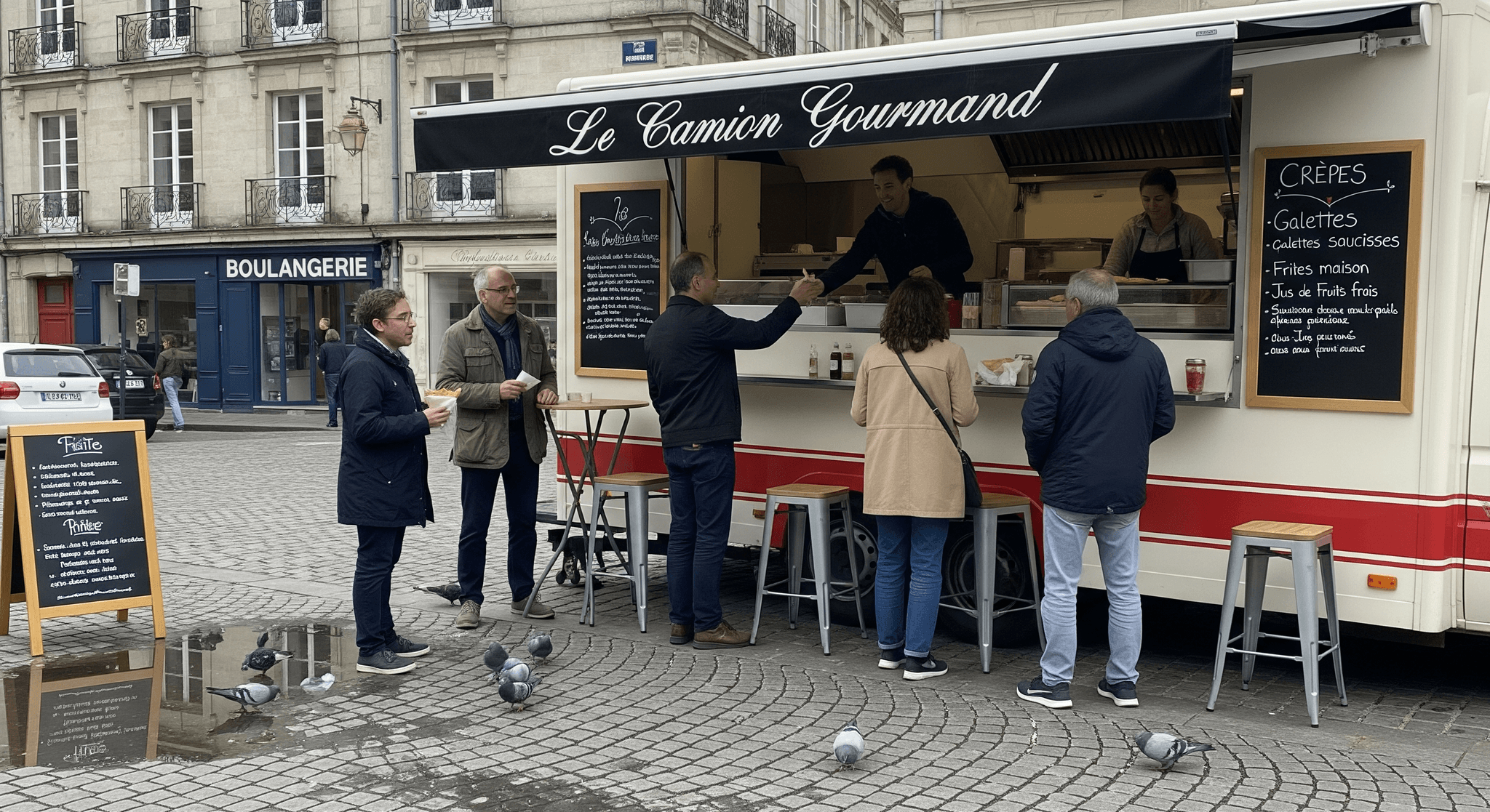 Food truck blanc avec auvent noir 'Le Camion Gourmand' aménagé pour la restauration, servant des crêpes à des clients en ville.