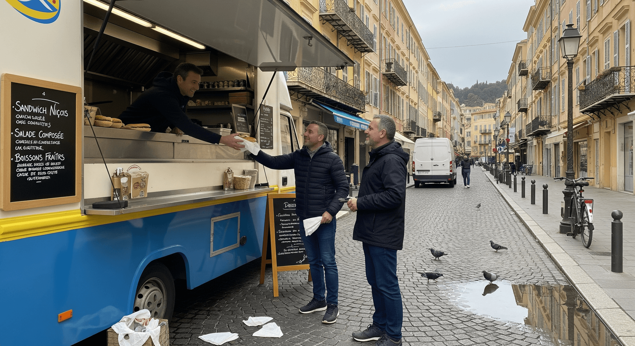 Food truck bleu et jaune servant un sandwich niçois à un client sur une rue pavée de Nice.