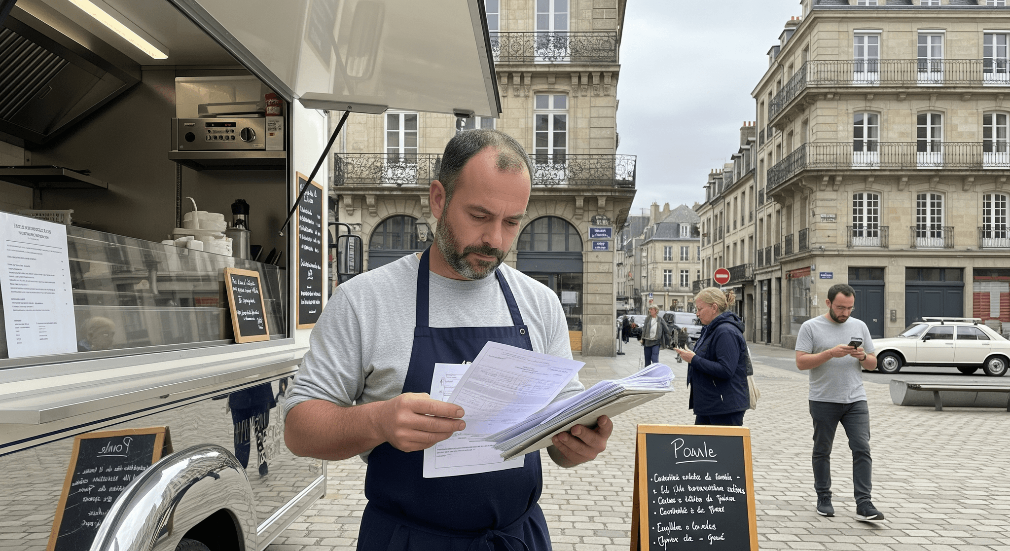 Entrepreneur en tablier vérifiant des documents devant un food truck design en ville. Aménagement professionnel pour restauration.