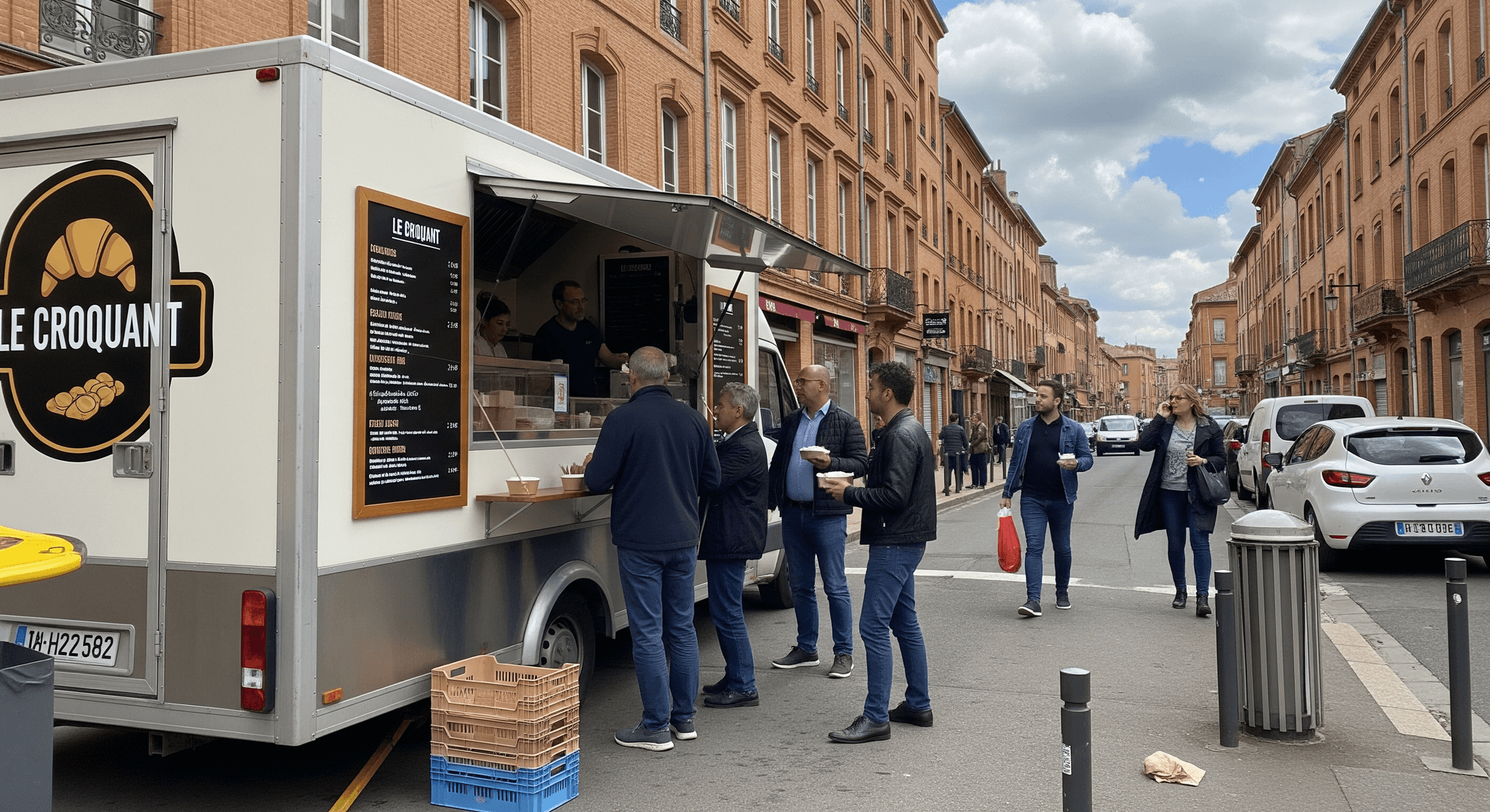 Food truck blanc 'Le Croquant' aménagé pour la restauration rapide, servant des clients dans une rue pavée typique de Toulouse.