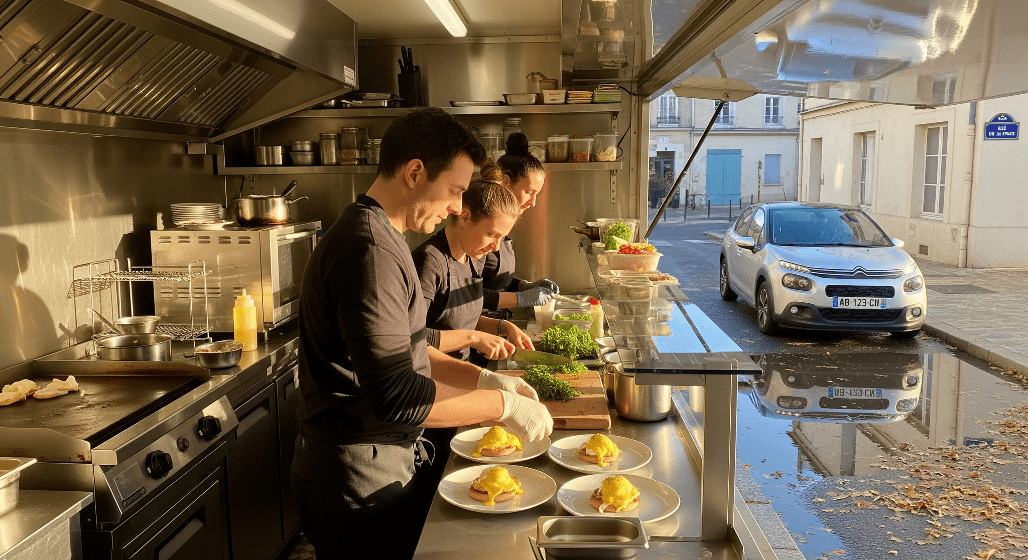 Équipe de chefs préparant des Eggs Benedict dans la cuisine professionnelle d'un food truck aménagé pour le brunch.