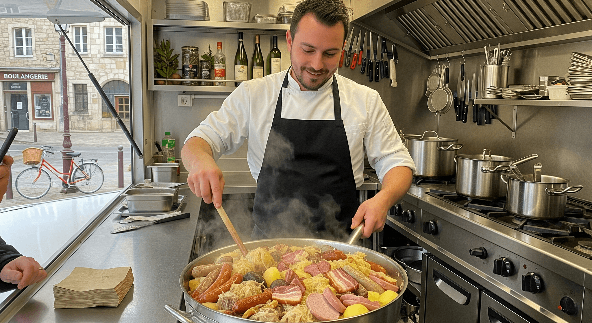 Chef souriant préparant une choucroute garnie alsacienne fumante dans la cuisine professionnelle d'un food truck aménagé.