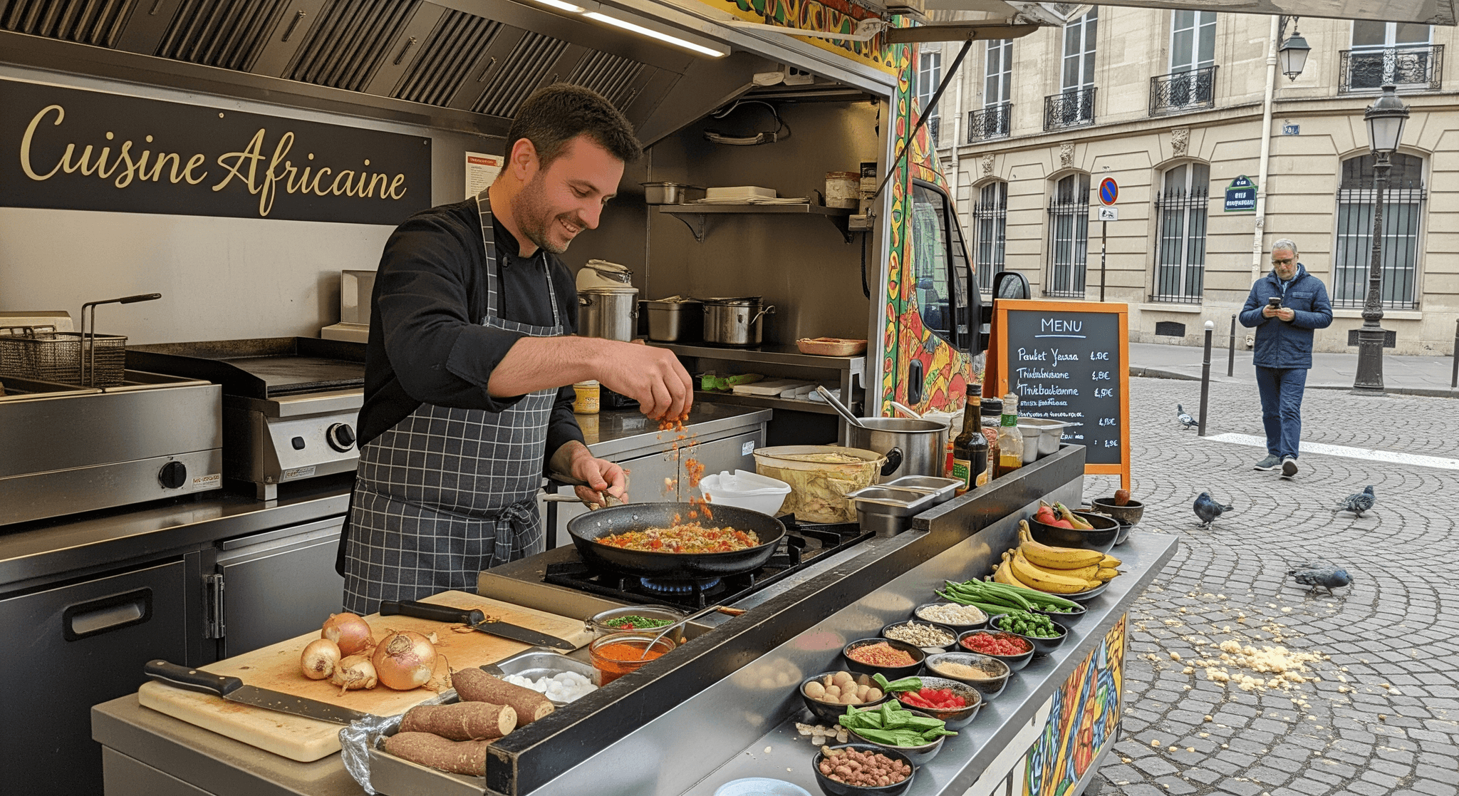 Chef souriant cuisine un plat africain dans un food truck professionnel Mon Camion Resto, ingrédients frais visibles.