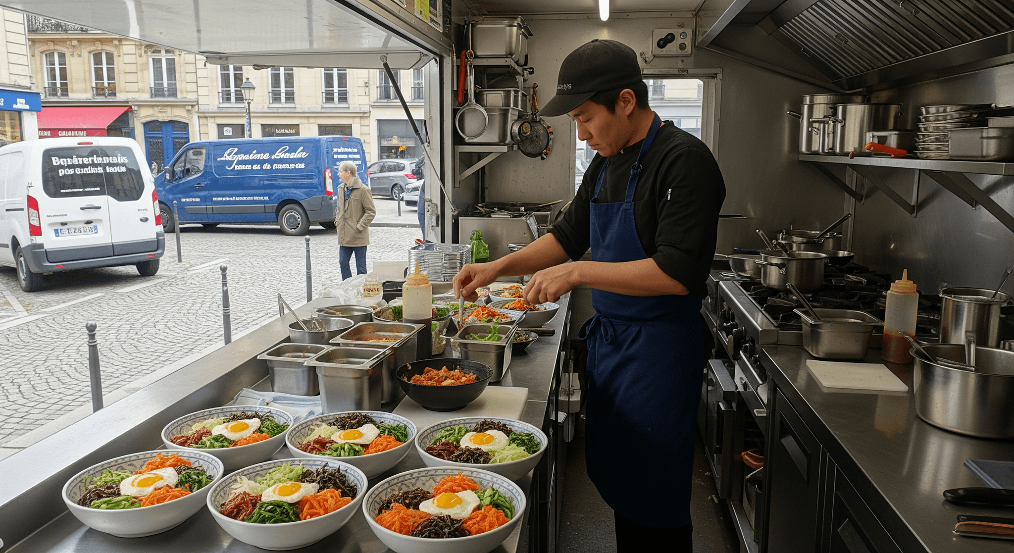 Chef asiatique préparant des bols de bibimbap dans la cuisine professionnelle en inox d'un food truck coréen.