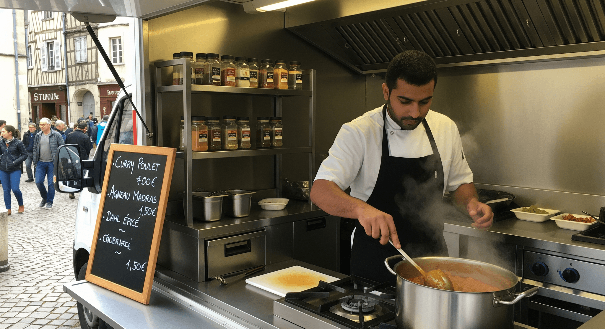 Chef cuisinier préparant un plat indien épicé dans un food truck professionnel avec équipements inox, prêt pour le service.