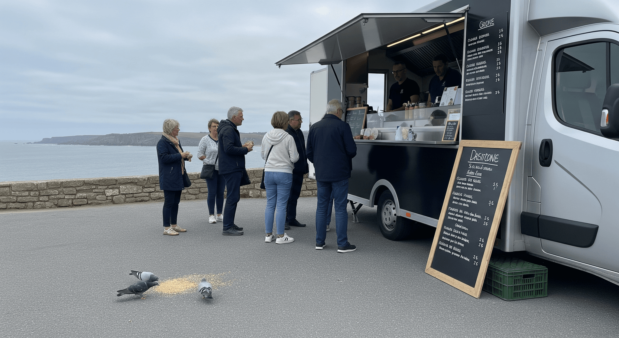 Food truck noir et gris aménagé servant des clients en bord de mer breton, falaises et océan en arrière-plan.