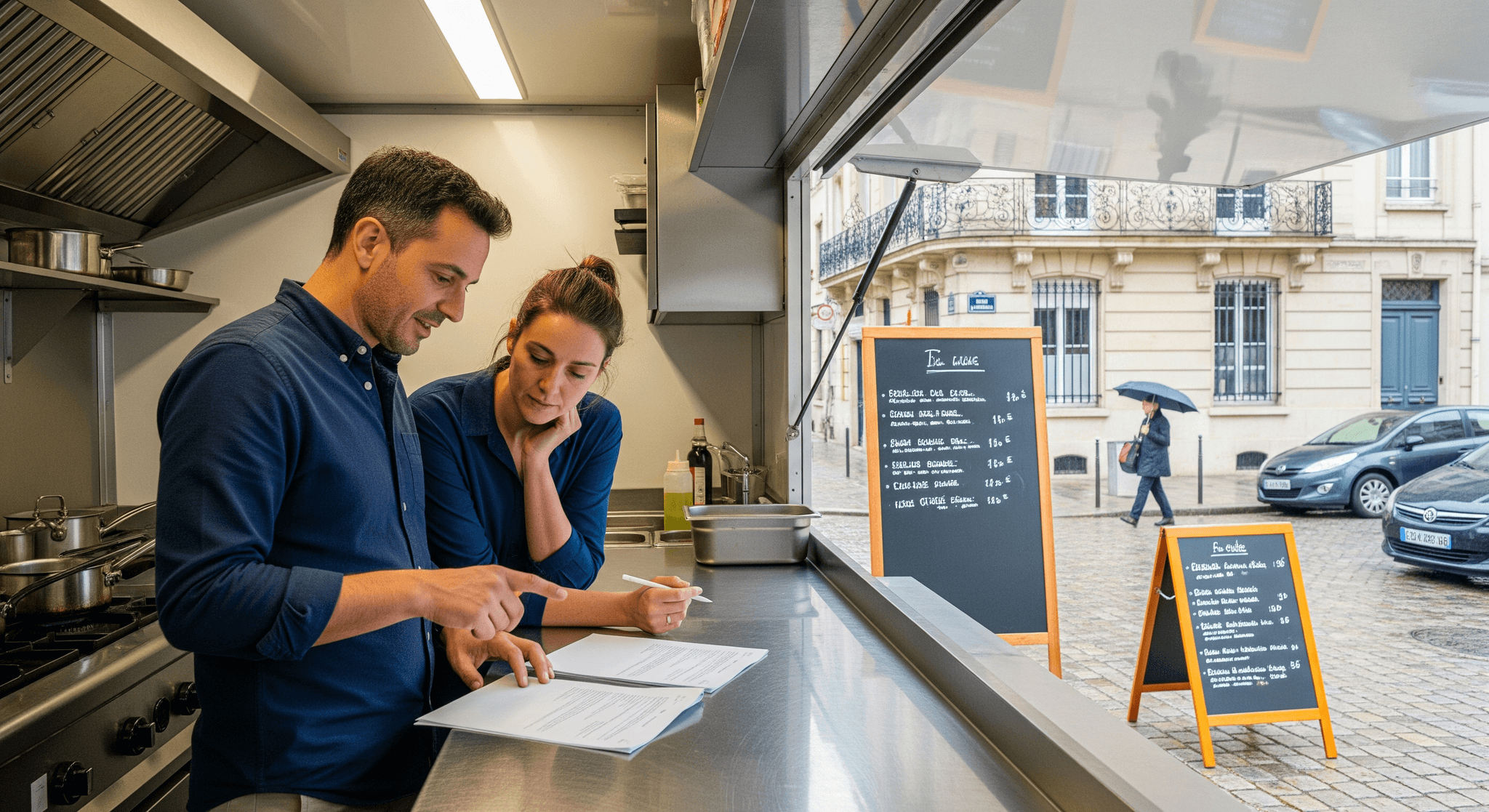 Couple de restaurateurs analysant des documents dans un food truck professionnel avec cuisine inox ouverte sur rue.