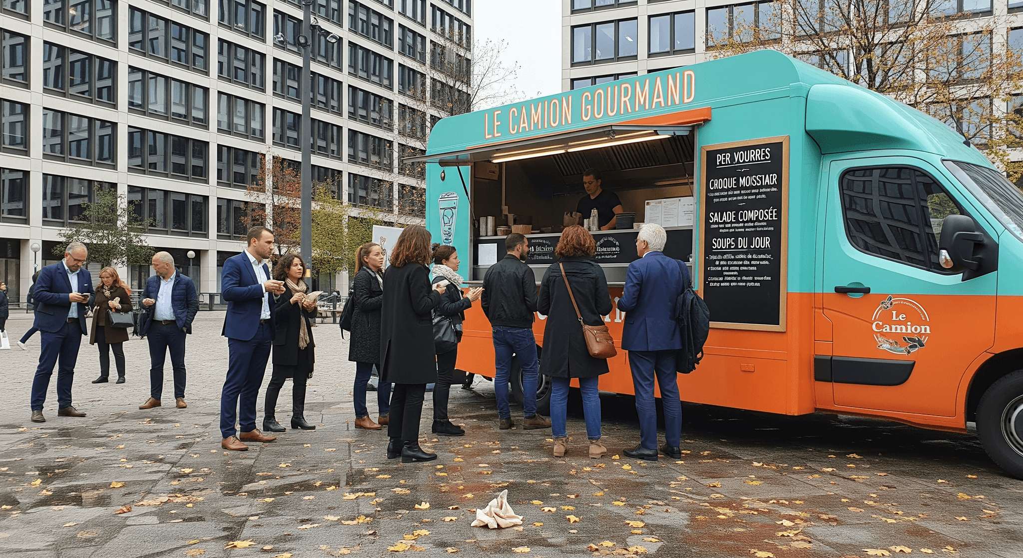 Food truck 'Le Camion Gourmand' turquoise et orange servant des plats à des clients en zone urbaine d'affaires.