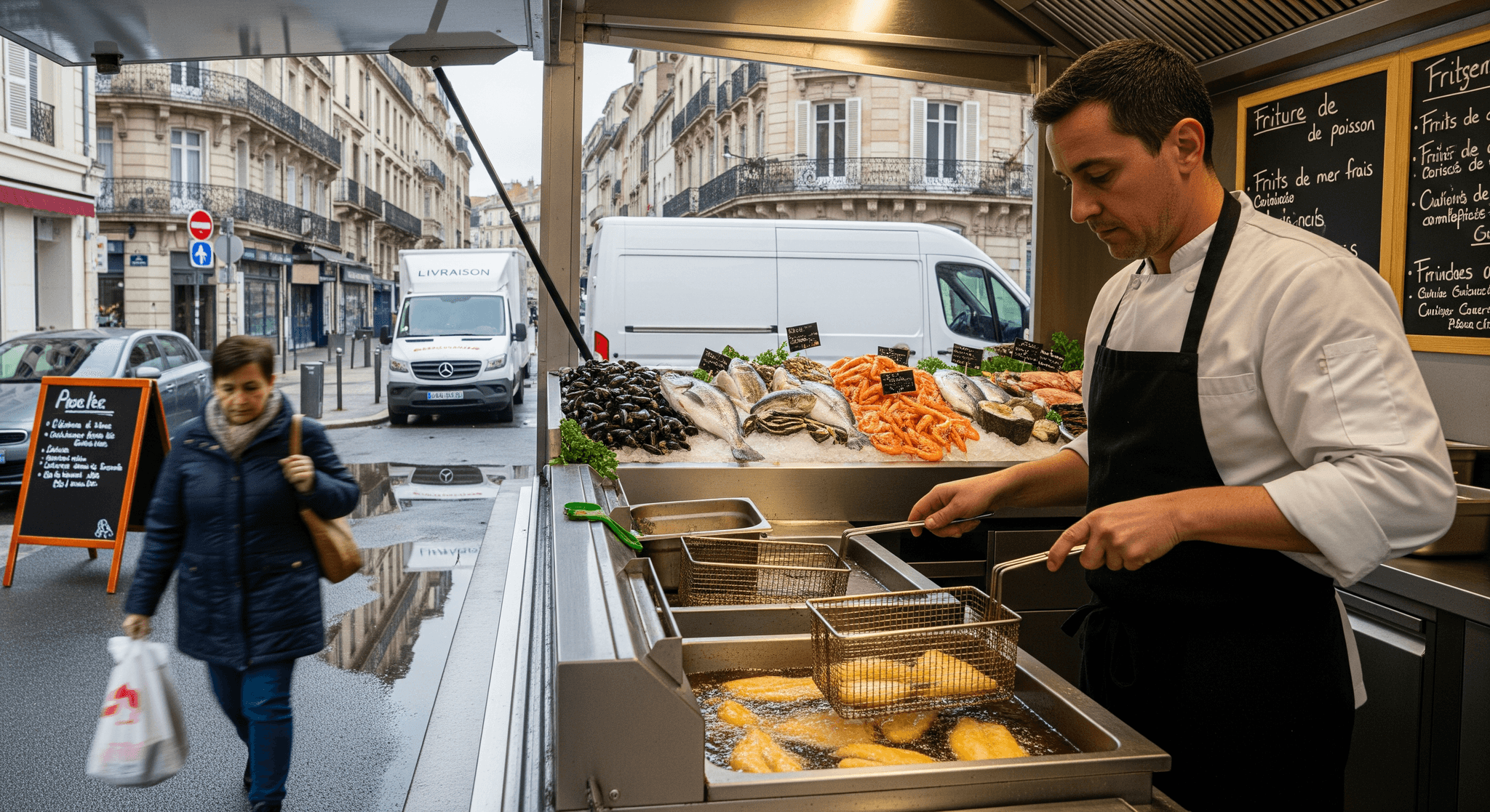 Chef cuisine du poisson frit dans un food truck spécialisé fruits de mer, étal réfrigéré visible en milieu urbain.