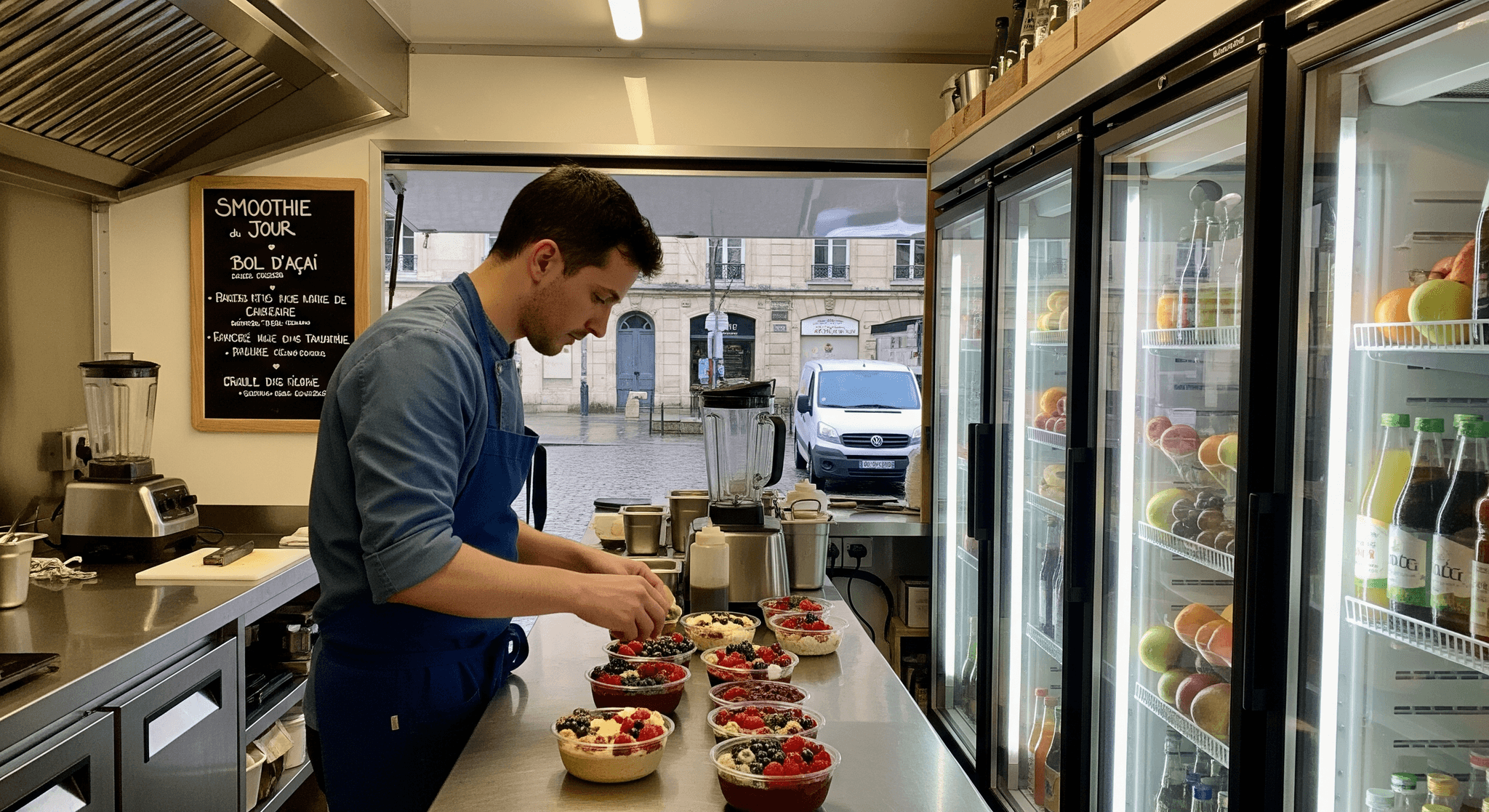 Intérieur d'un food truck healthy: chef préparant bols de fruits et smoothies sur plan de travail inox, réfrigérateurs pro.