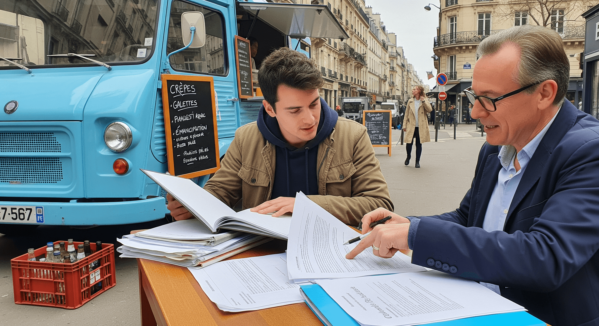 Discussion projet restauration mobile devant un food truck Citroën HY bleu proposant crêpes et galettes.